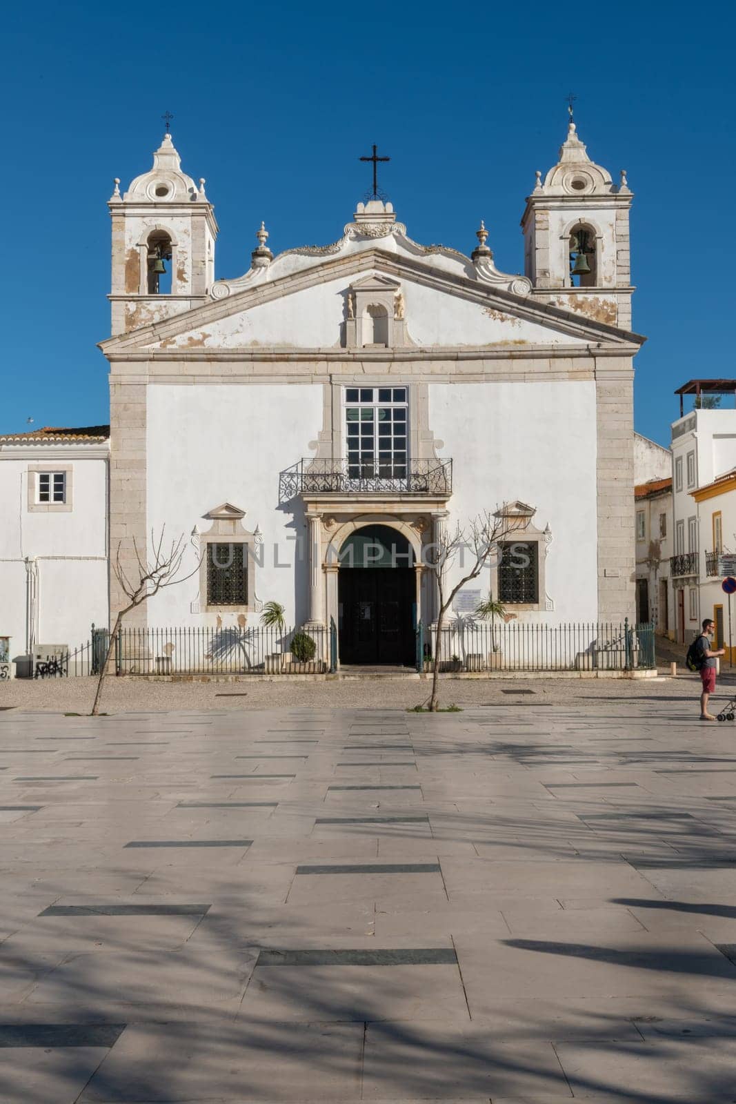 LAGOS, PORTUGAL - CIRCA MAY 2018: Front view of the Santa Maria church in the town square, Lagos, Algarve, Portugal