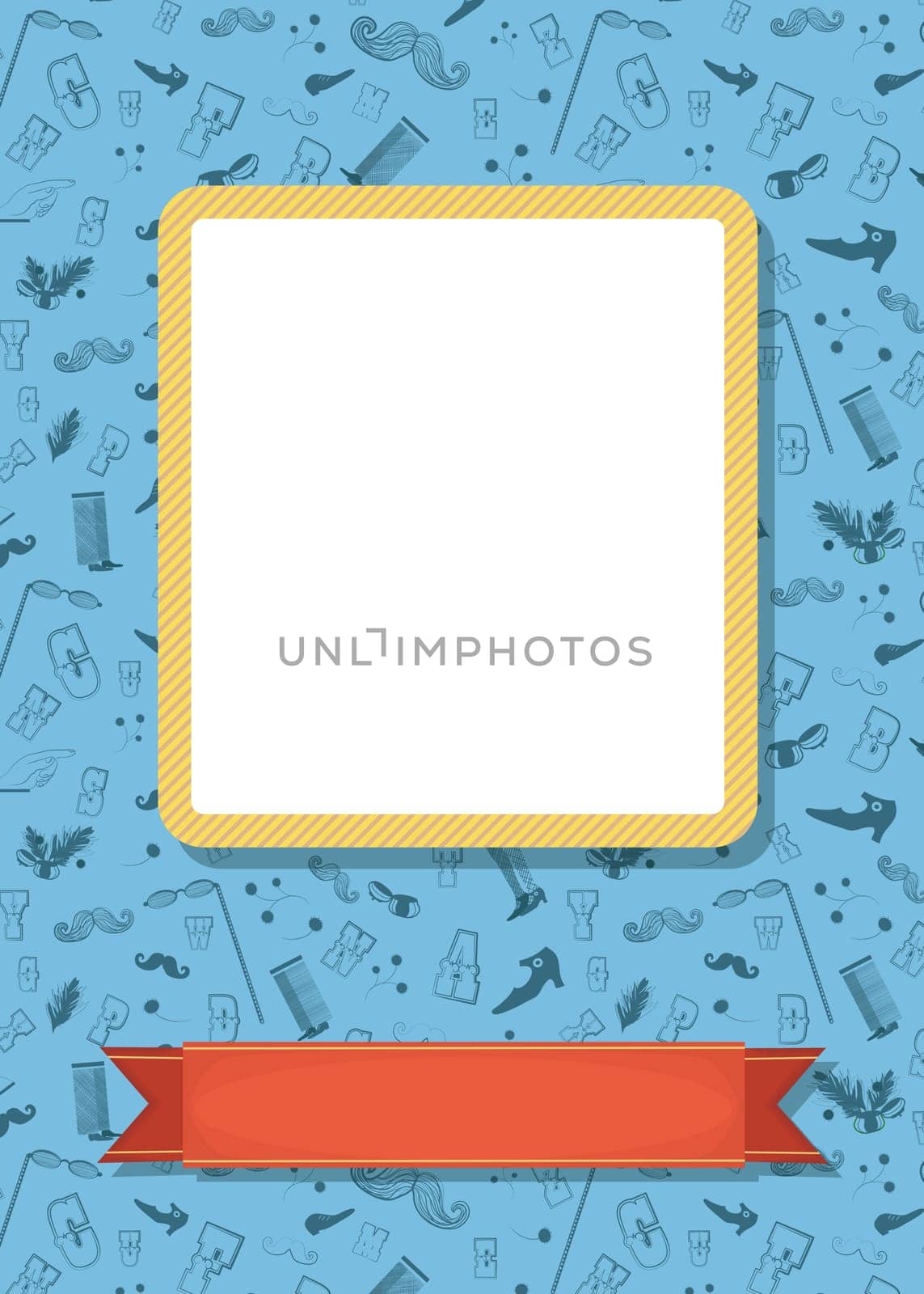 Retro greeting card. Vintage gray items - boots, mustaches, eyeglasses, letters and other. Yellow frame for custom photo. Red banner for custom text. Blue background