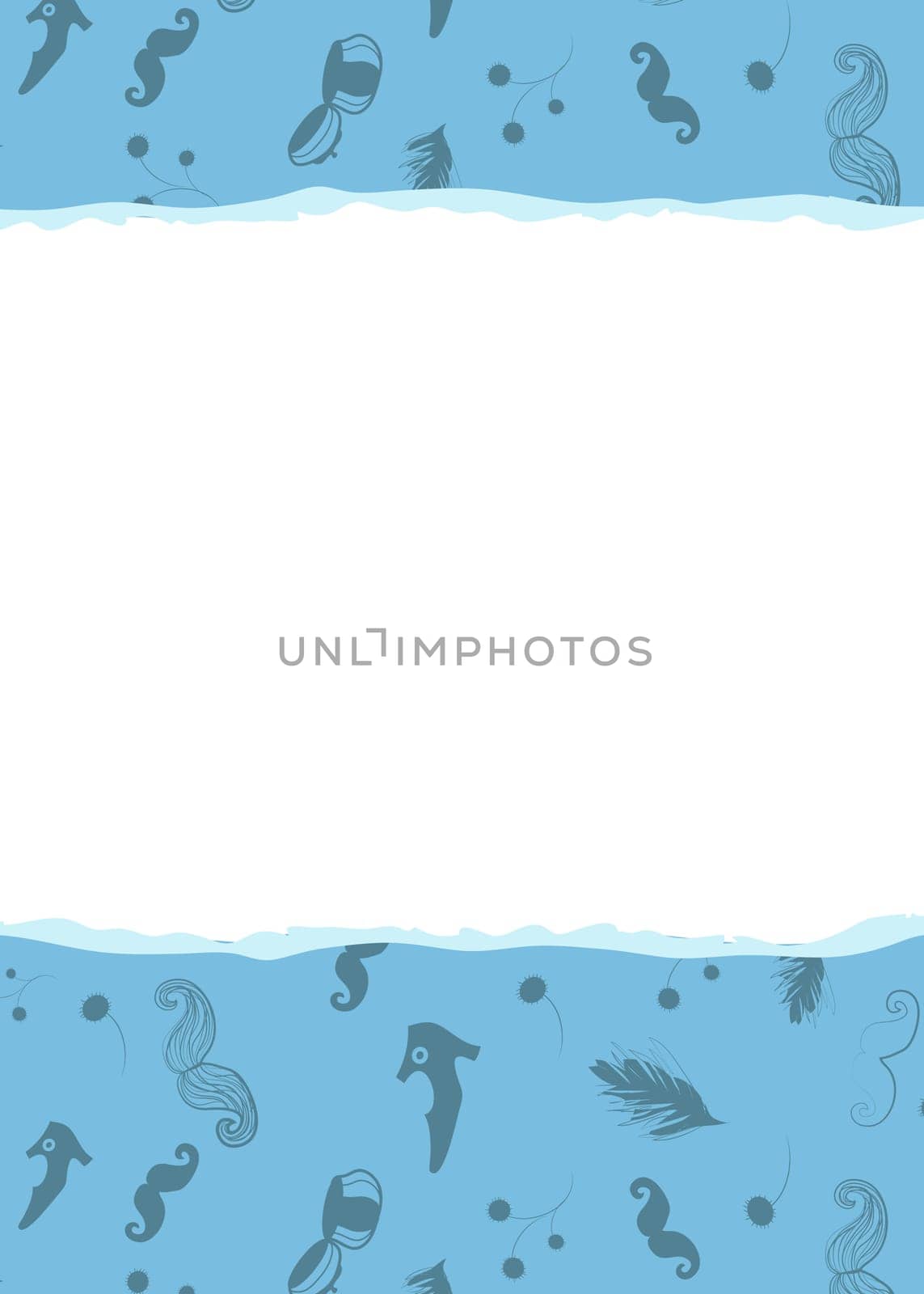 Retro greeting card. Vintage items - black boots, inkwell, mustaches and other. Blue background. Torn edge of paper