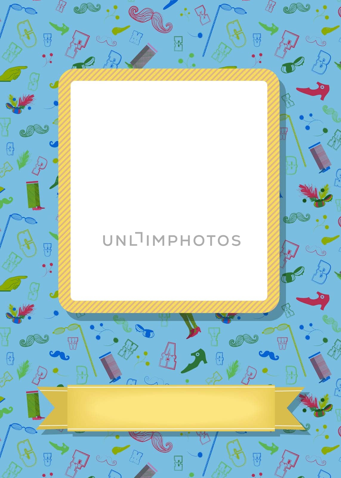 Retro greeting card. Vintage colorful items - boots, mustaches, eyeglasses, letters and other. Yellow frame for custom photo. Yellow banner for custom text. Blue background