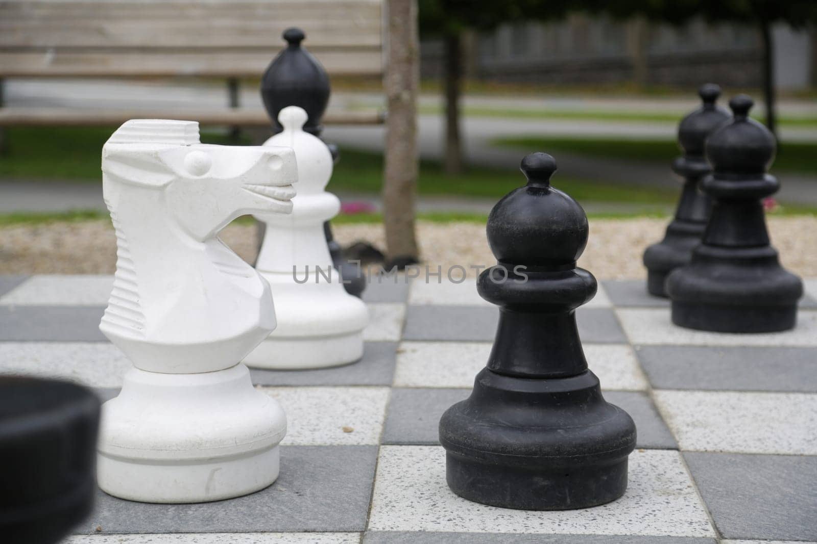 Black and white king on a chess board in open air