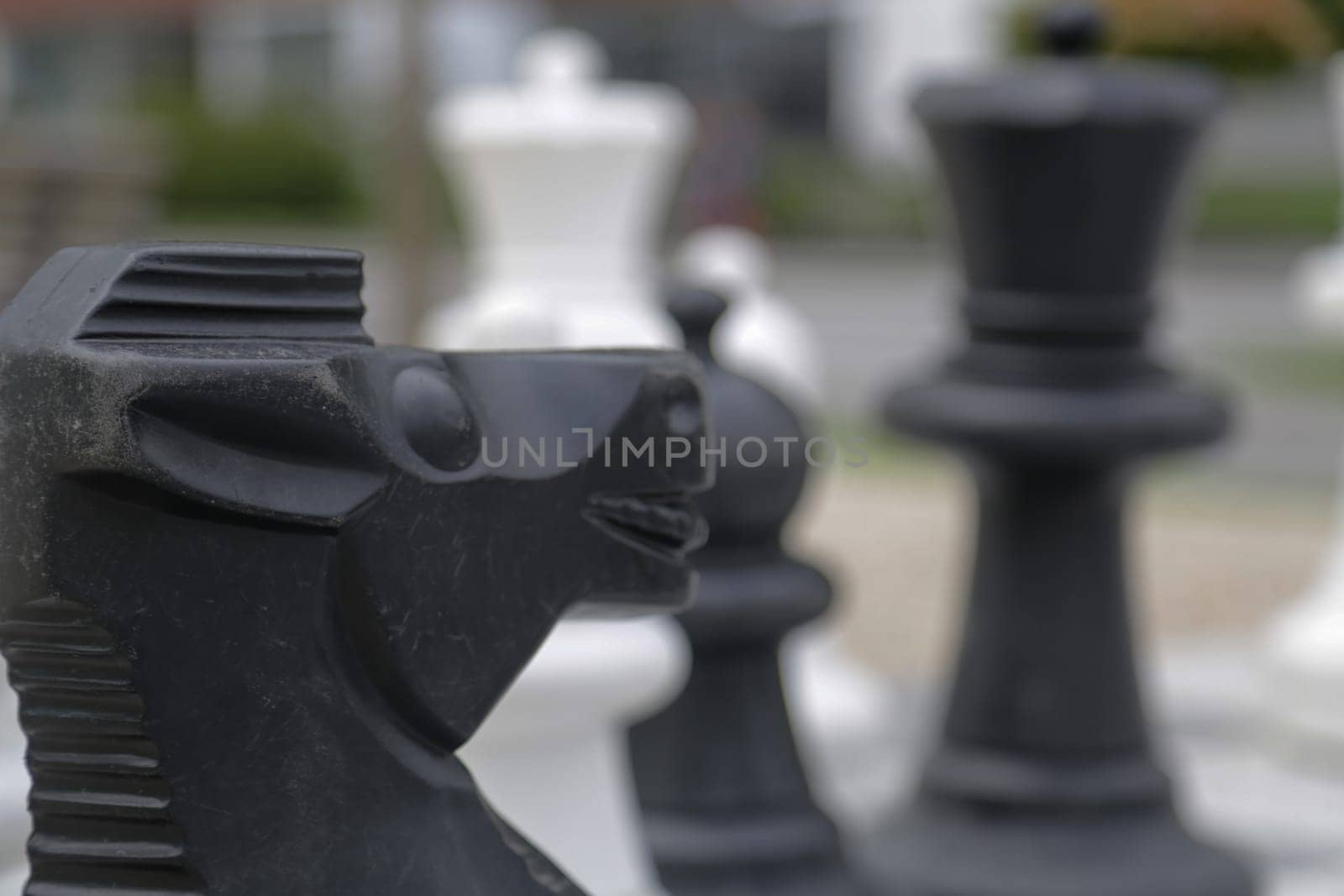 Black and white king on a chess board in open air