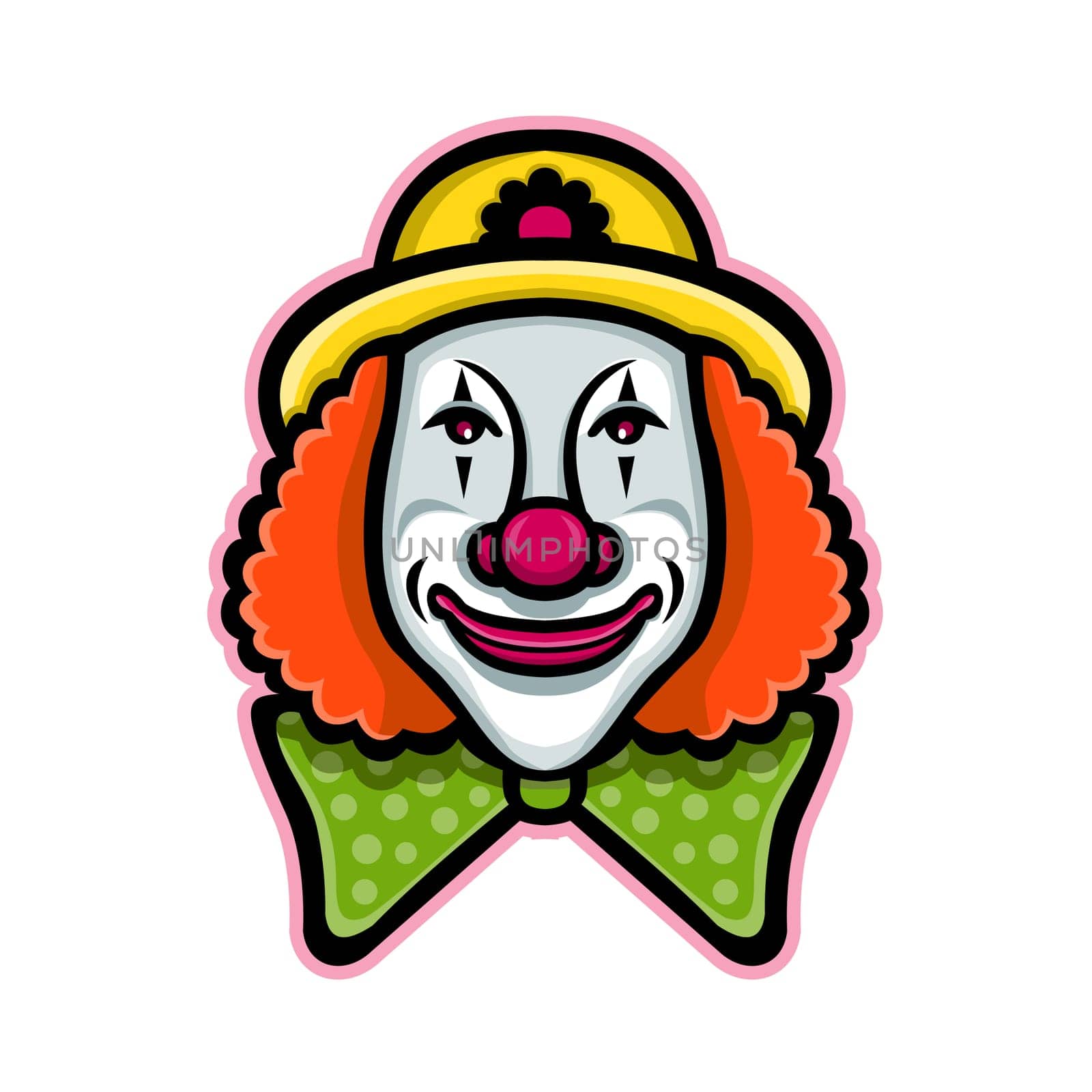 Mascot icon illustration of head of a vintage whiteface circus clown viewed from front  on isolated background in retro style.
