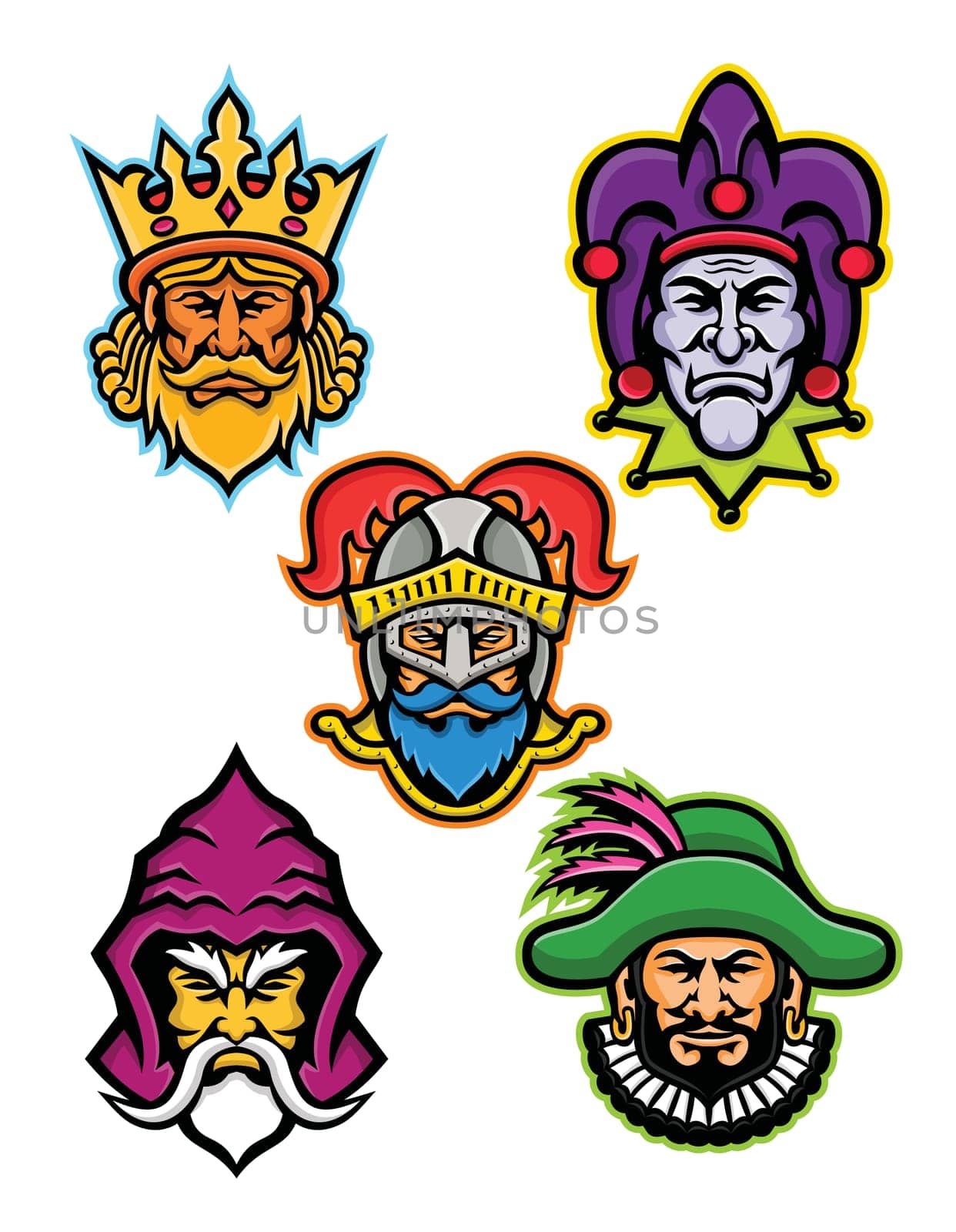Mascot icon illustration set of heads of the European medieval royal court figures like the king or monarch, court jester or fool, knight, wizard or sorcerer and the minstrel viewed from front on isolated background in retro style.