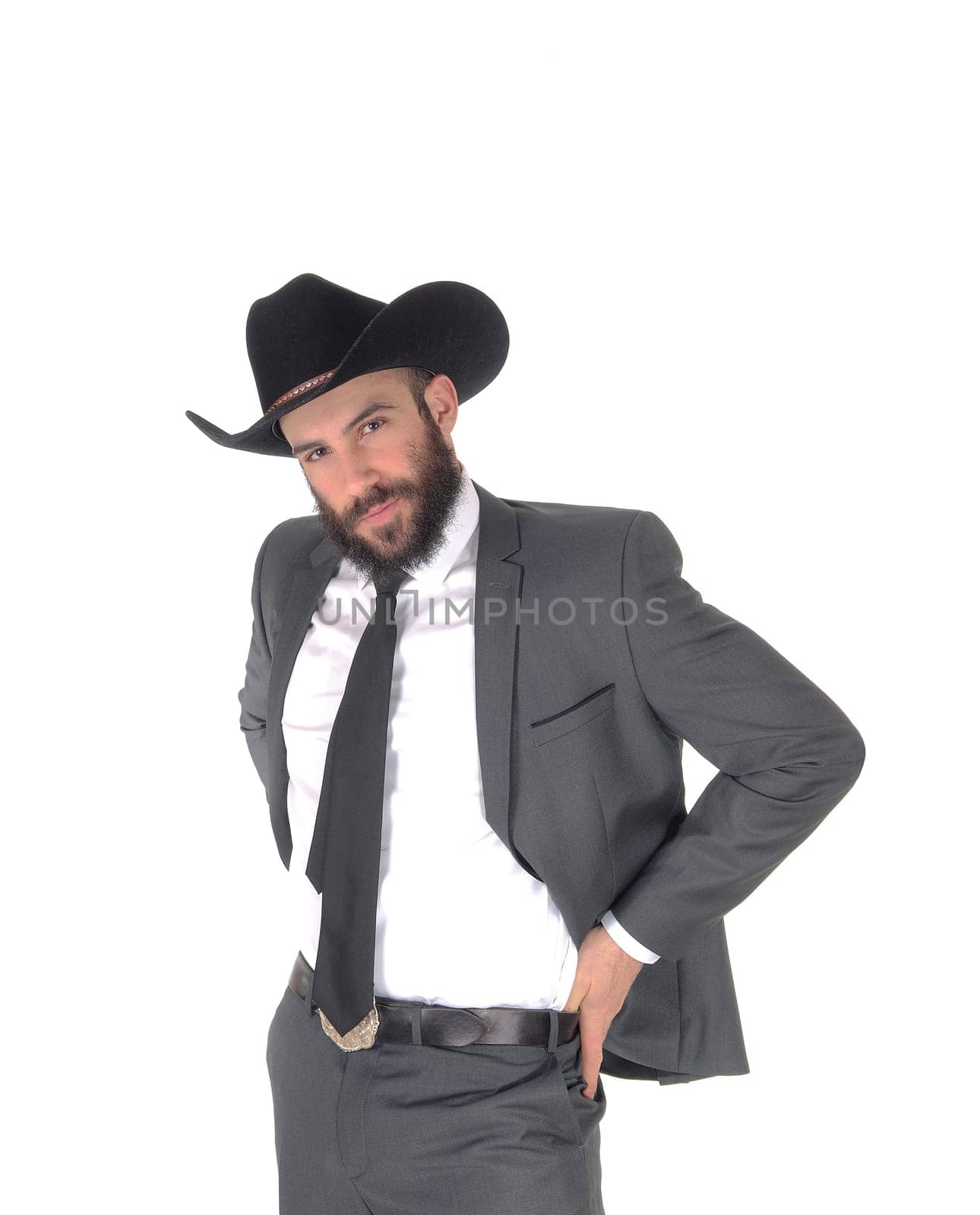 A close up portrait image of a handsome man in a suit and cowboy hat.with a beard and mustache, isolated for white background.
