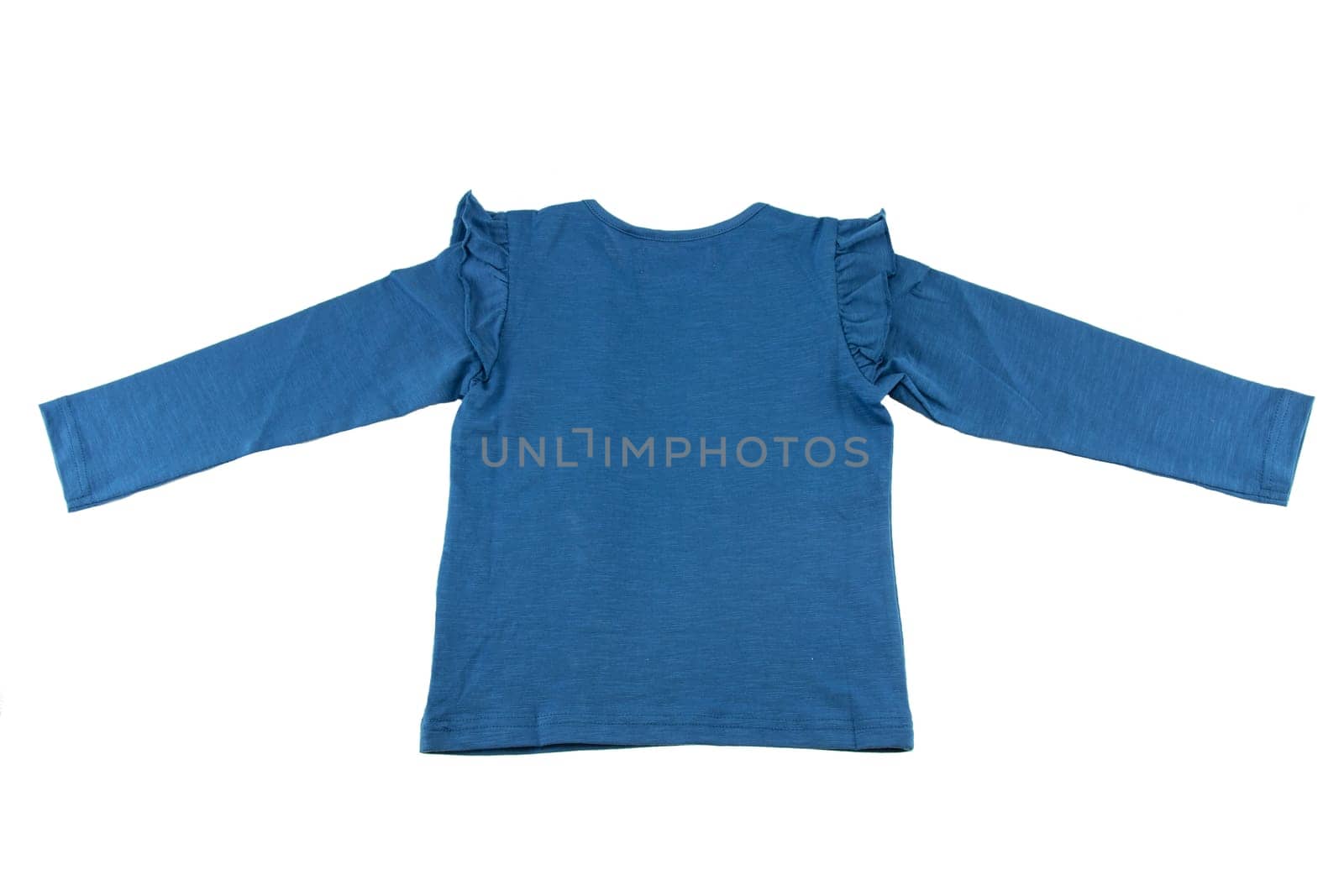 Backview of childrens blue sweater with long sleeves isolated on white. Fashion for children.