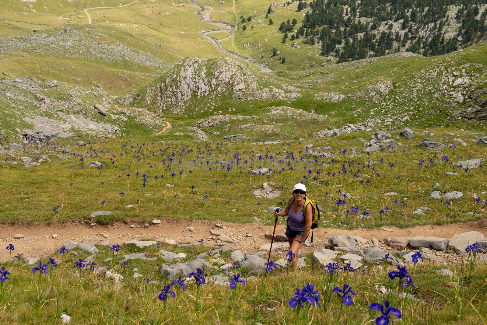 a mature woman hiking in the Pyrenees mountains