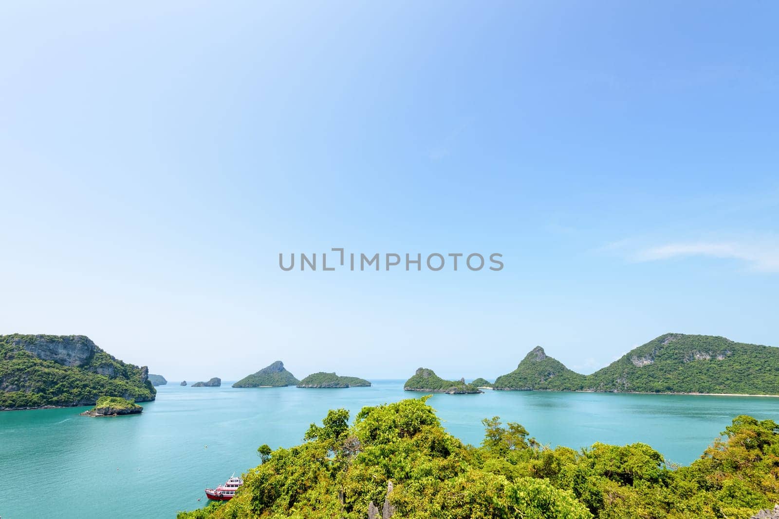 High angle view beautiful nature landscape during summer of blue sky over the sea and island from Koh Mae Ko island viewpoint in Mu Ko Ang Thong National Marine Park, Surat Thani, Thailand