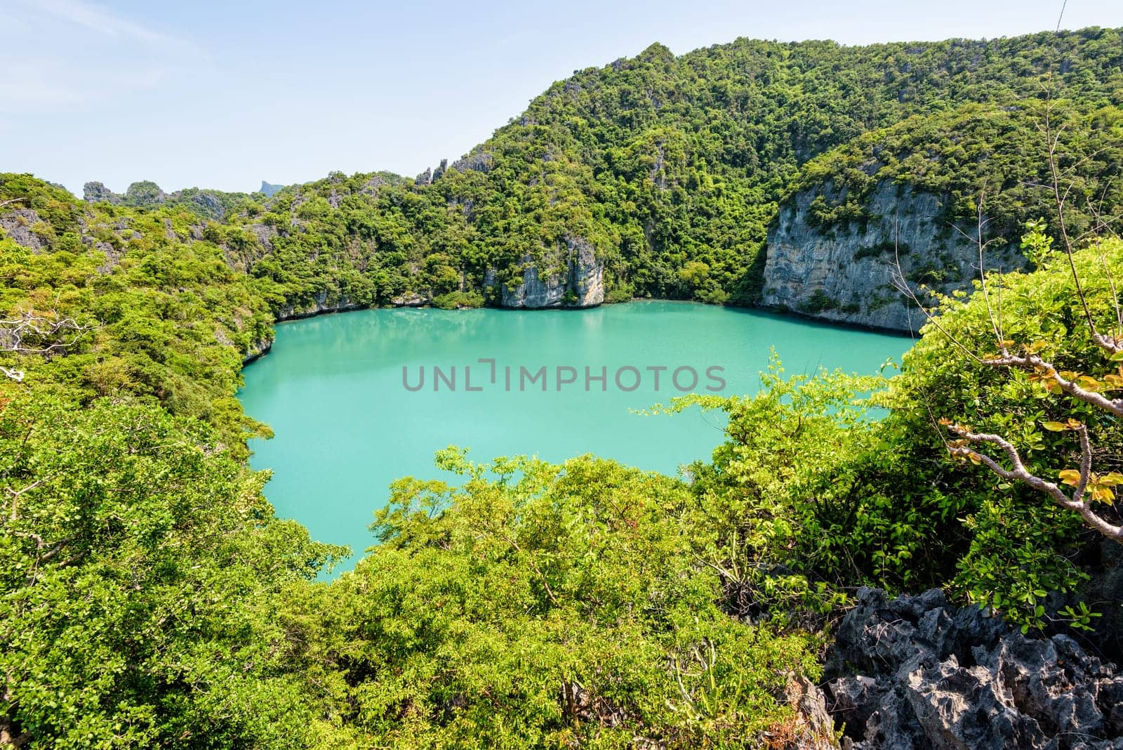 Thale Nai or Blue Lagoon (Emerald Lake) High angle view beautiful nature landscape green sea in the middle of mountain at Koh Mae Ko island viewpoint in Mu Ko Ang Thong National Park, Surat Thani, Thailand