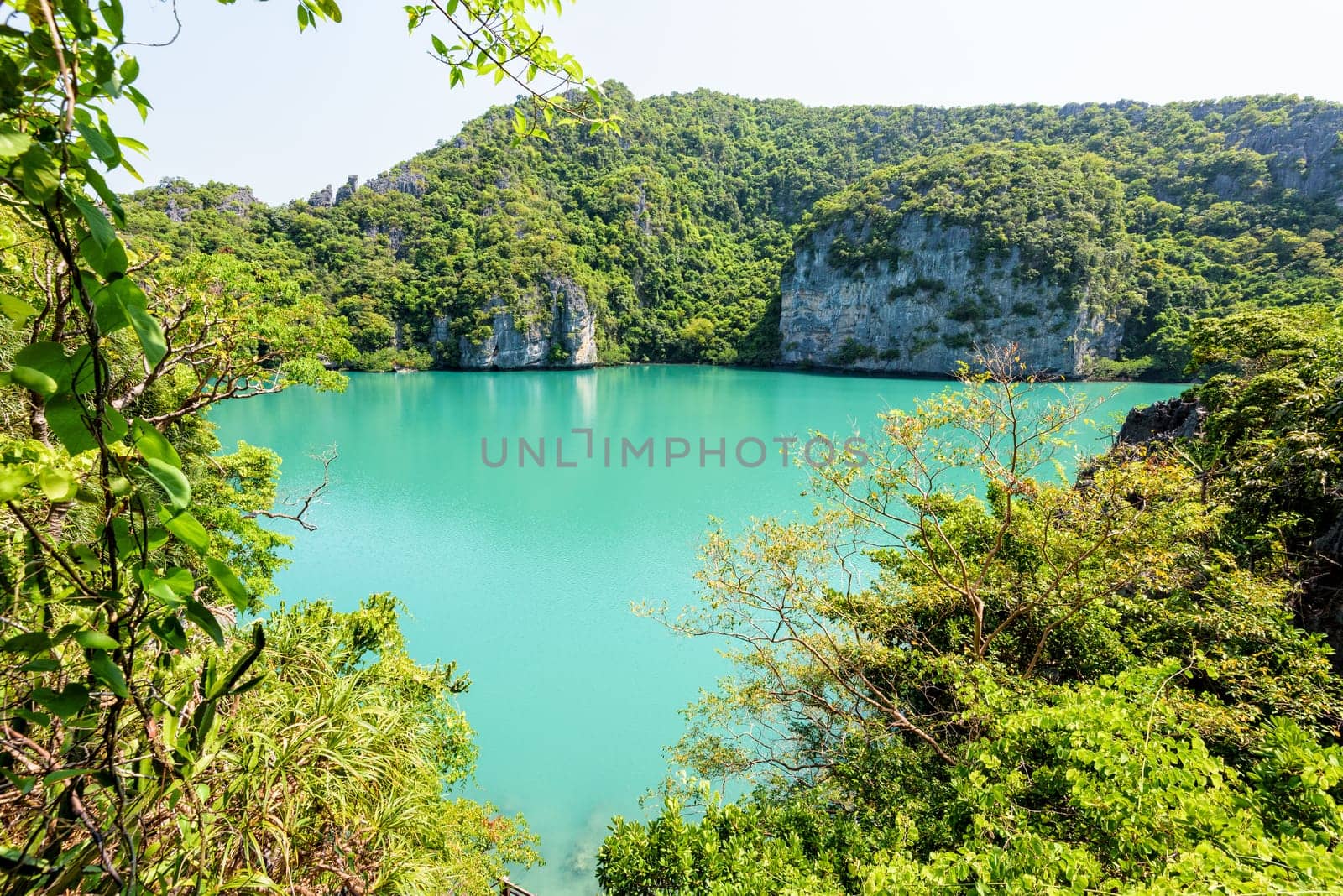 Thale Nai or Blue Lagoon (Emerald Lake) High angle view beautiful nature landscape green sea in the middle of mountain at Koh Mae Ko island viewpoint in Mu Ko Ang Thong National Park, Surat Thani, Thailand