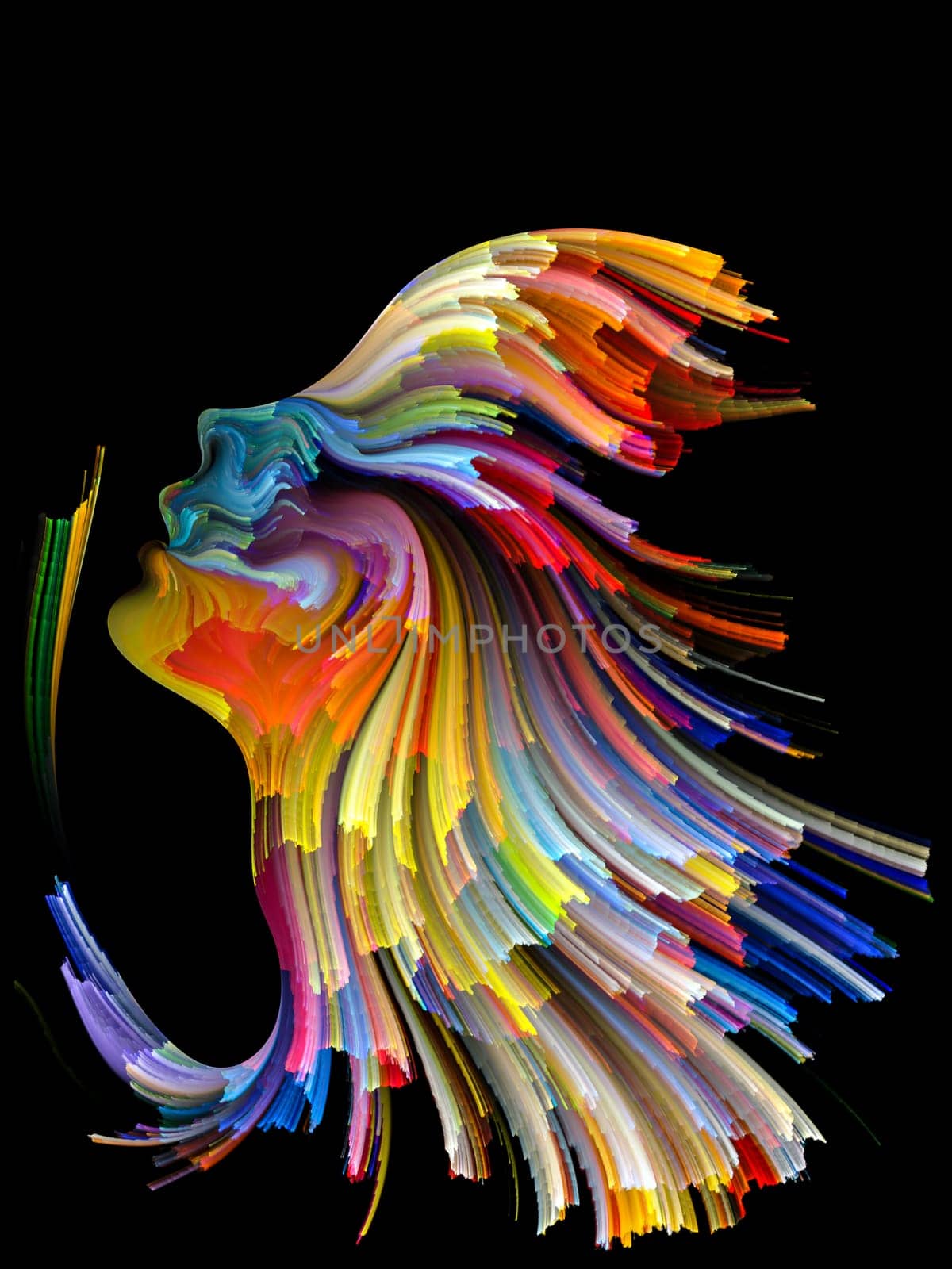 Face of Color series. Composition of human profile and colorful lines of moving paint on the subject of creativity, design, internal world, human nature and artistic soul