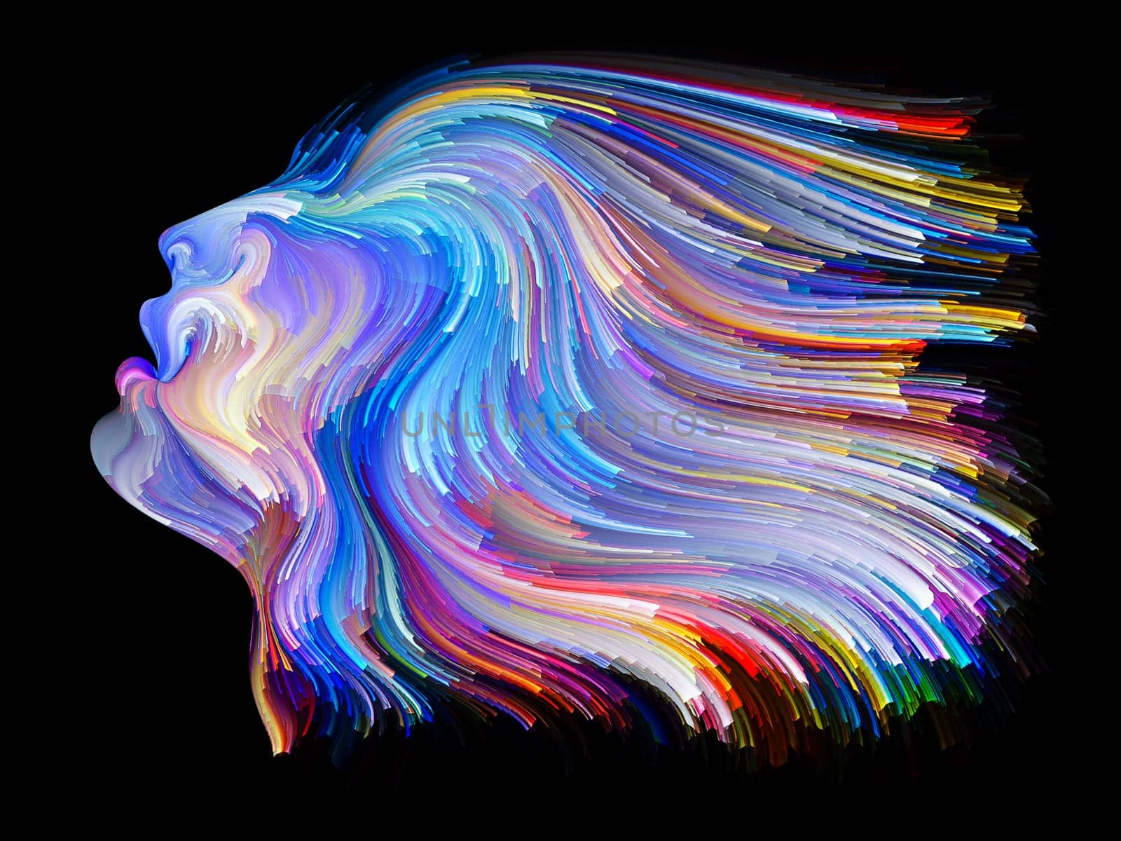 Face of Color series. Abstract design made of human profile and colorful lines of moving paint on the subject of creativity, design, internal world, human nature and artistic soul
