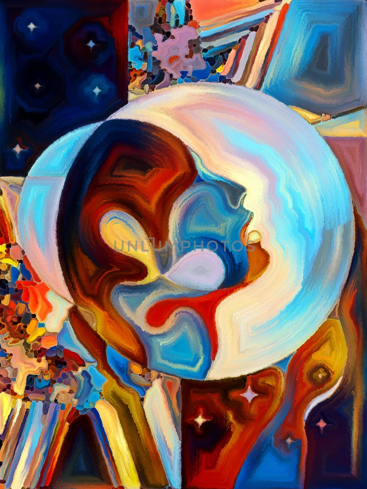 Stained Glass Forever series. Male head looking up, amidst colorful patterns and symbols of the Universe on the subject of education, knowledge and unity of Nature.