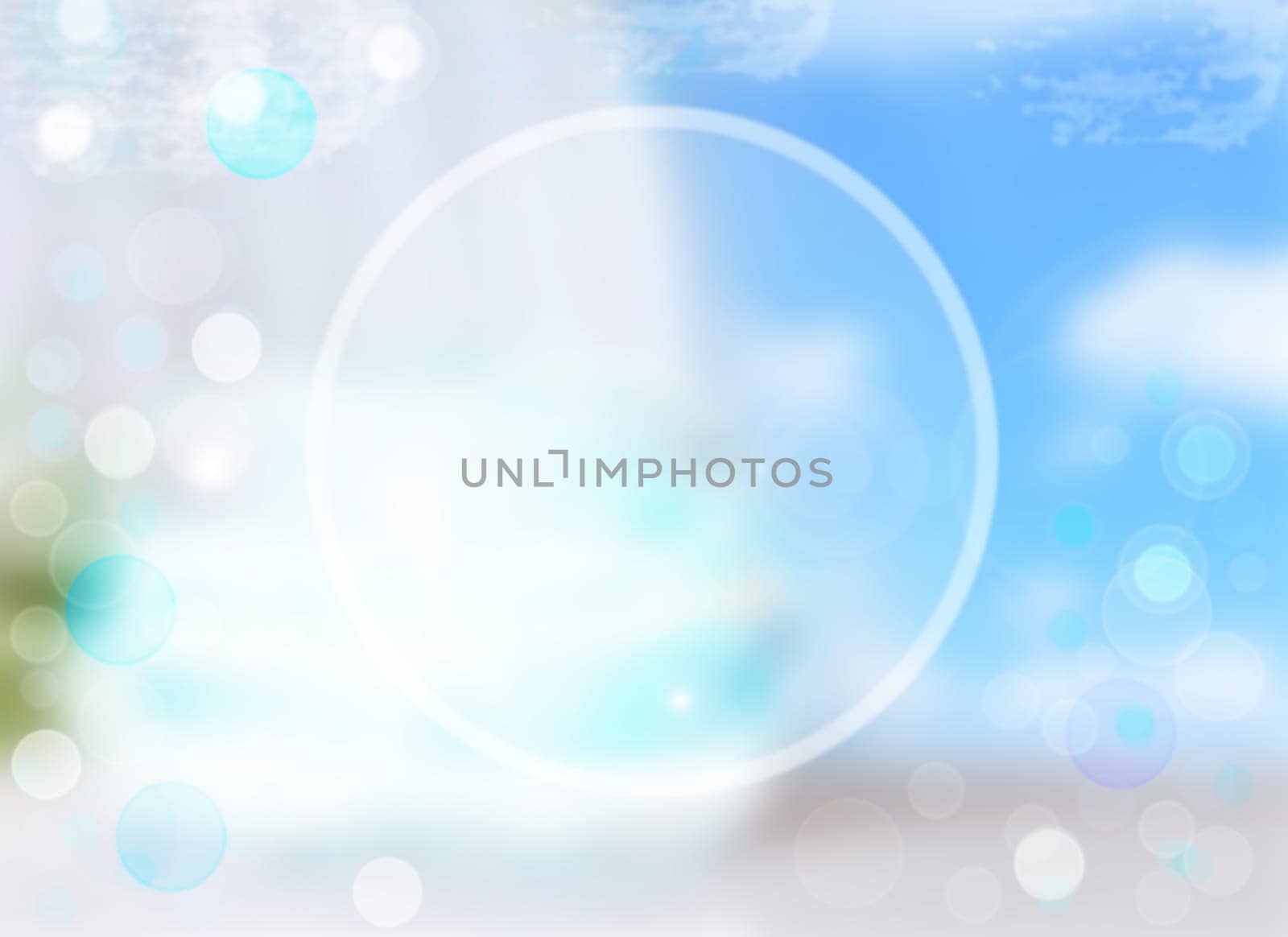 Bright colorful lights and bubbles. A wonderful summerday with little clouds. Abstract bokeh. Useful background.