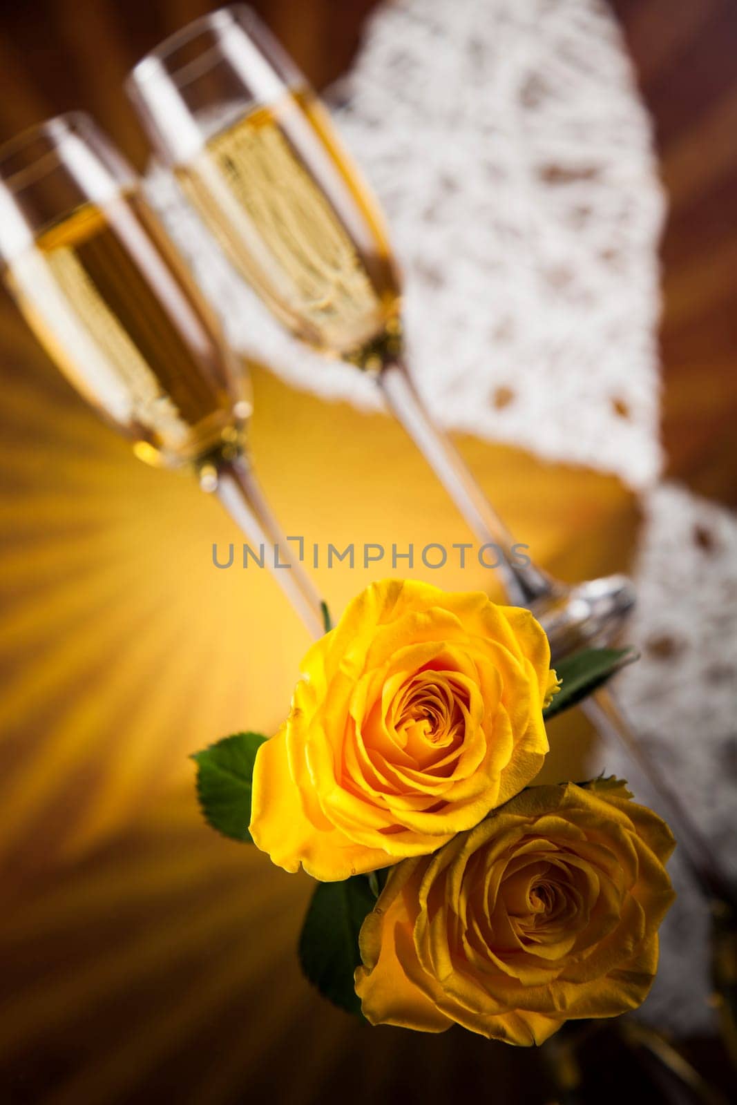 Celebration with champagne and rose, mirror background