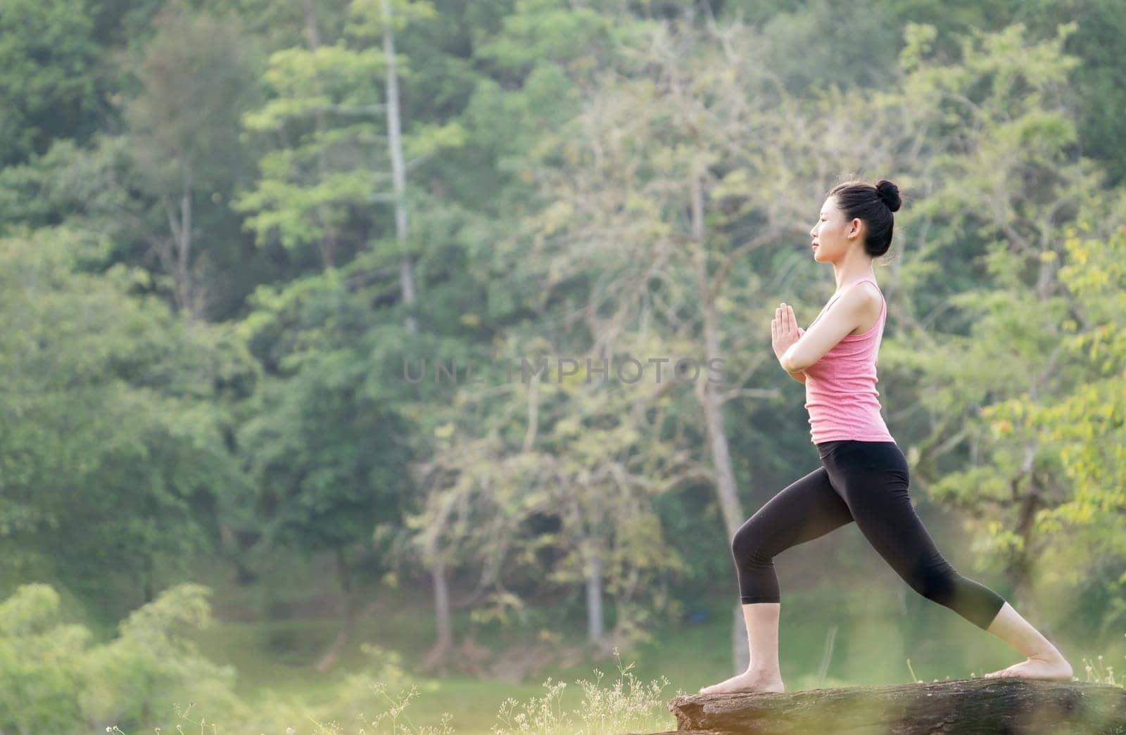 young beautiful asian woman practicing yoga  in the garden