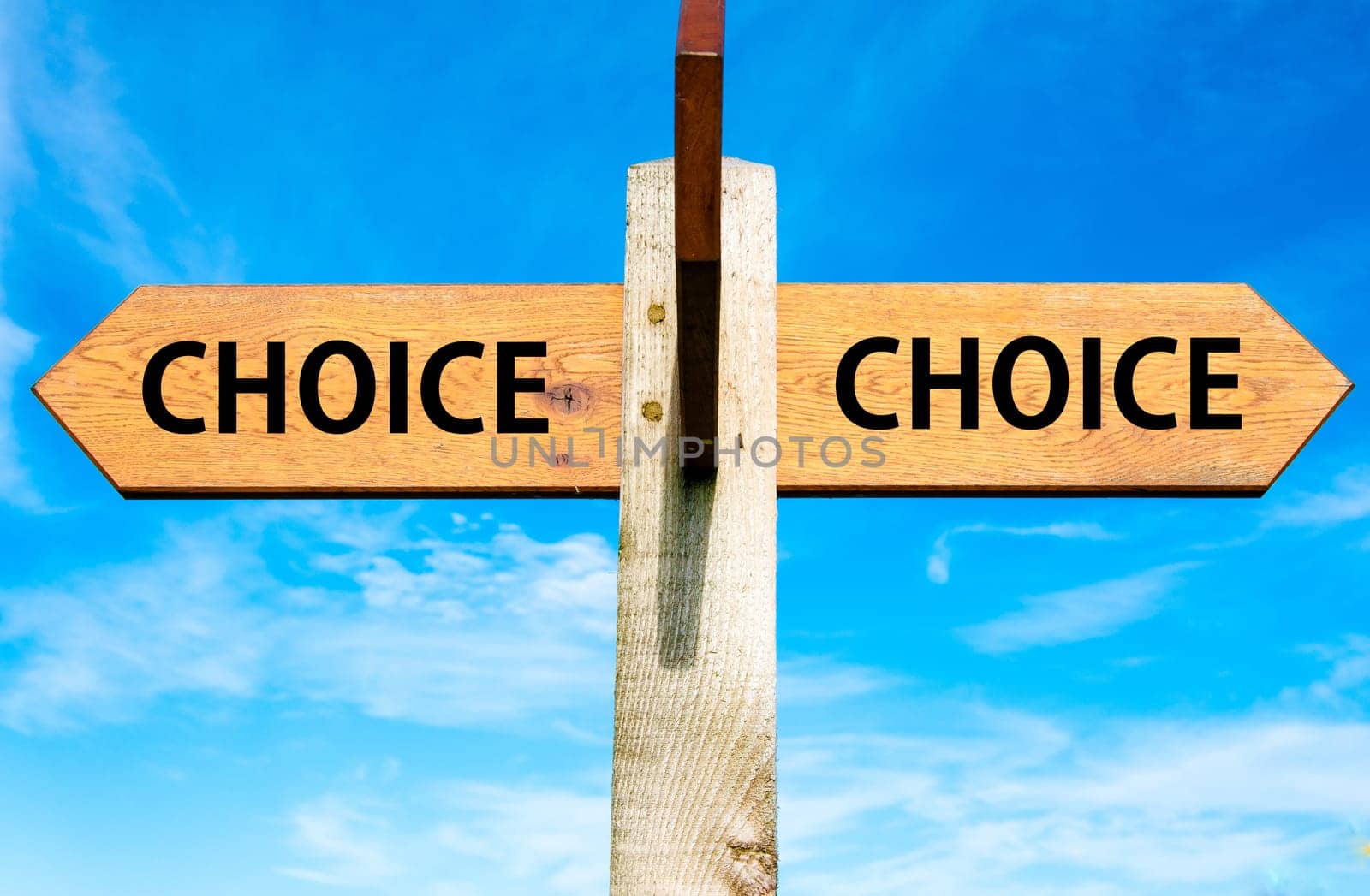 Blank wooden signpost with two arrows over clear blue sky with copy space, just add your text here