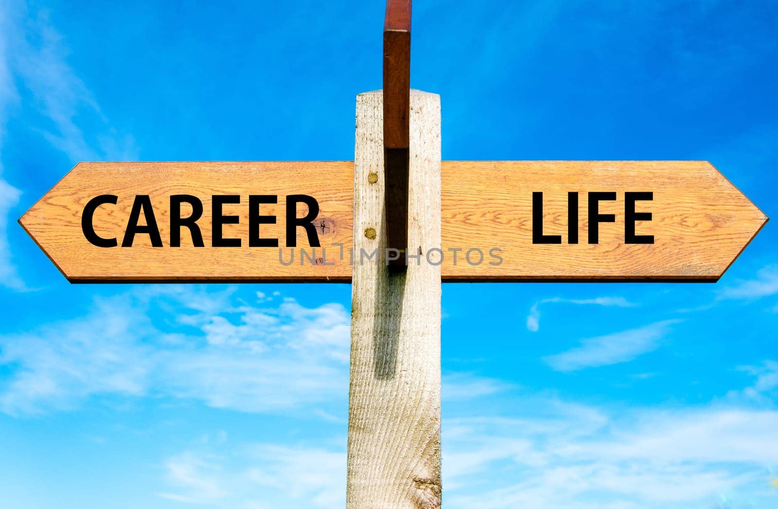 Blank wooden signpost with two arrows over clear blue sky with copy space, just add your text here