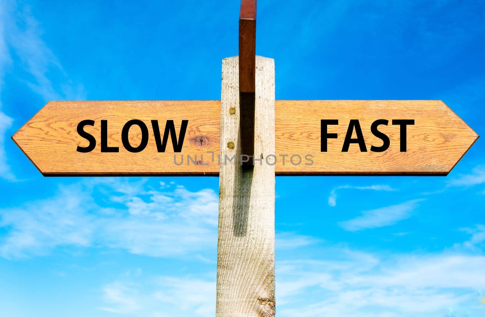 Blank wooden signpost with two arrows over clear blue sky with copy space, just add your text here