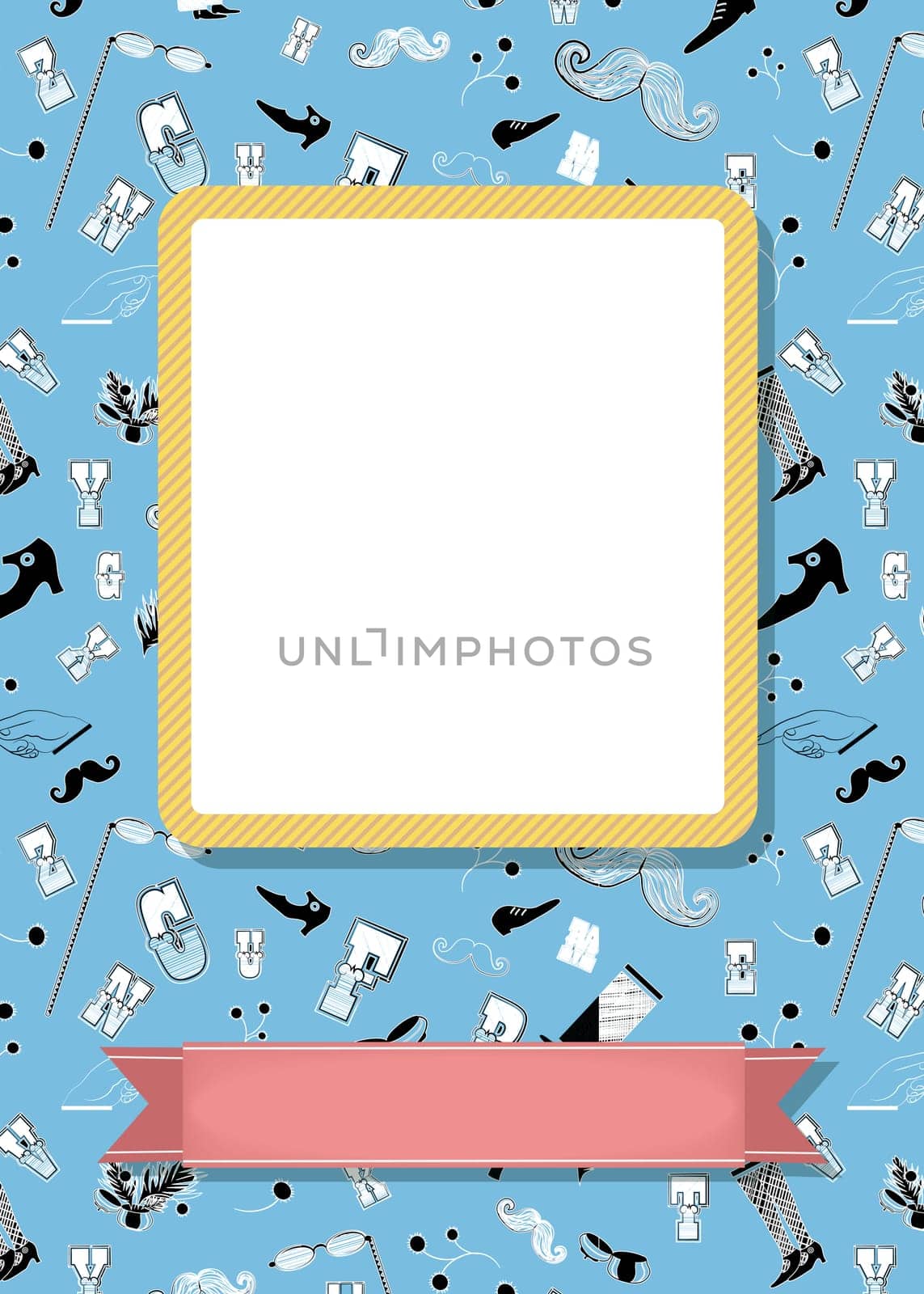 Retro greeting card. Vintage black and white items - boots, mustaches, eyeglasses, letters and other. Yellow frame for custom photo. Pink banner for custom text. Blue background