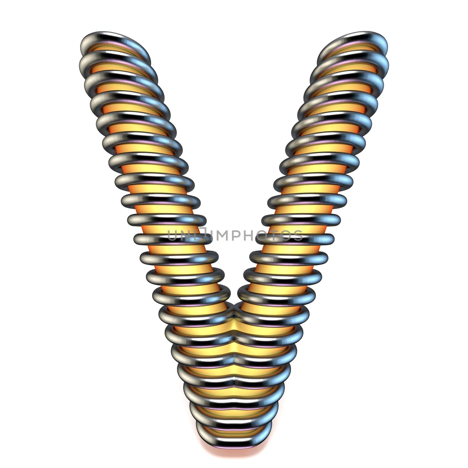 Orange yellow letter V in metal cage 3D render illustration isolated on white background