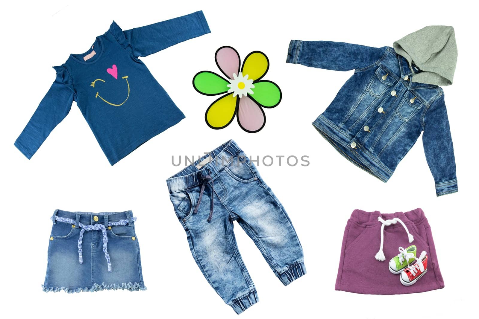 Collage set of children clothes. Concept spring and summer clothes. Isolated on white. Close up.