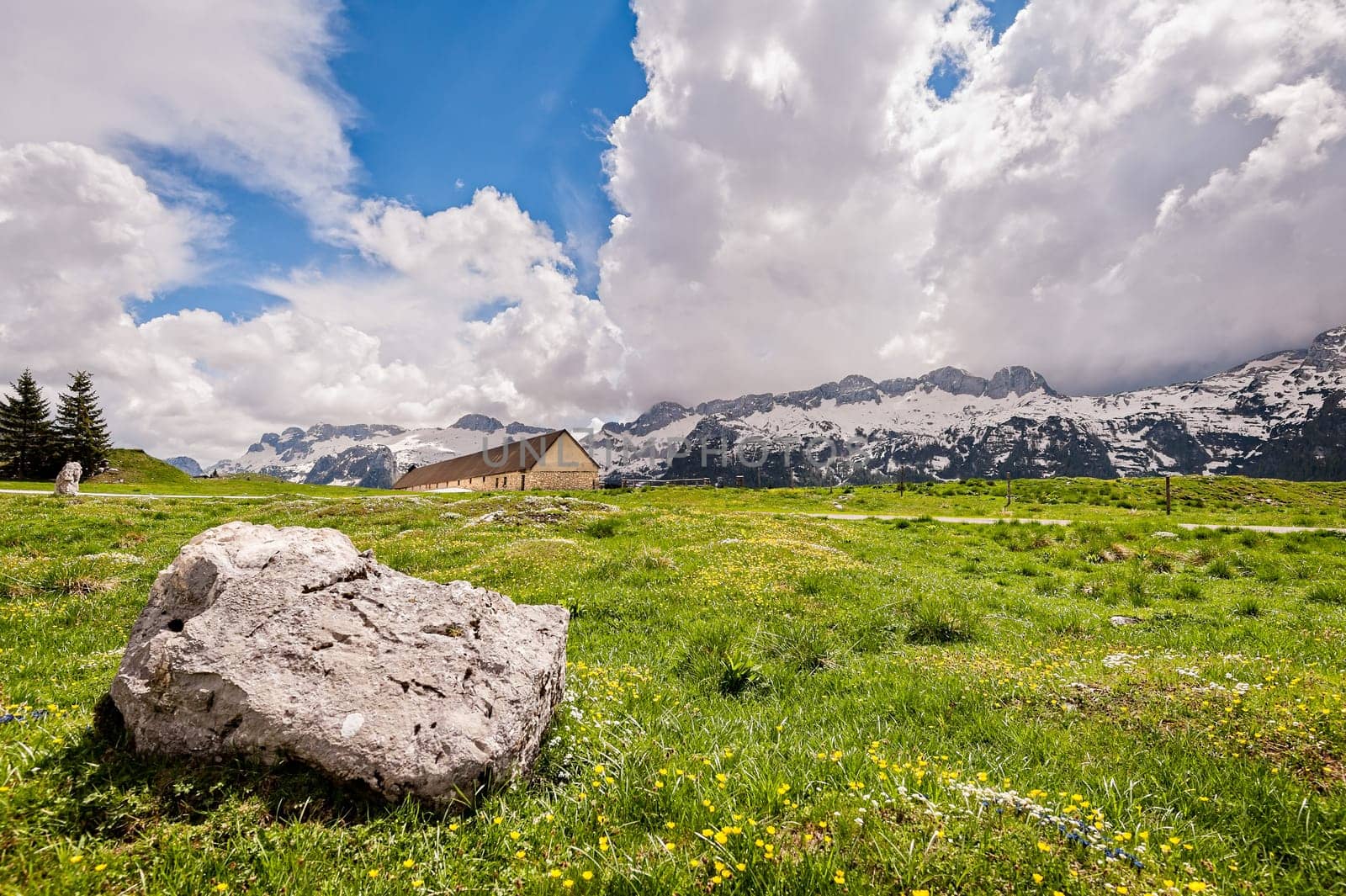 Mountain range landscape. Plateau of Montasio, Italian Alps.