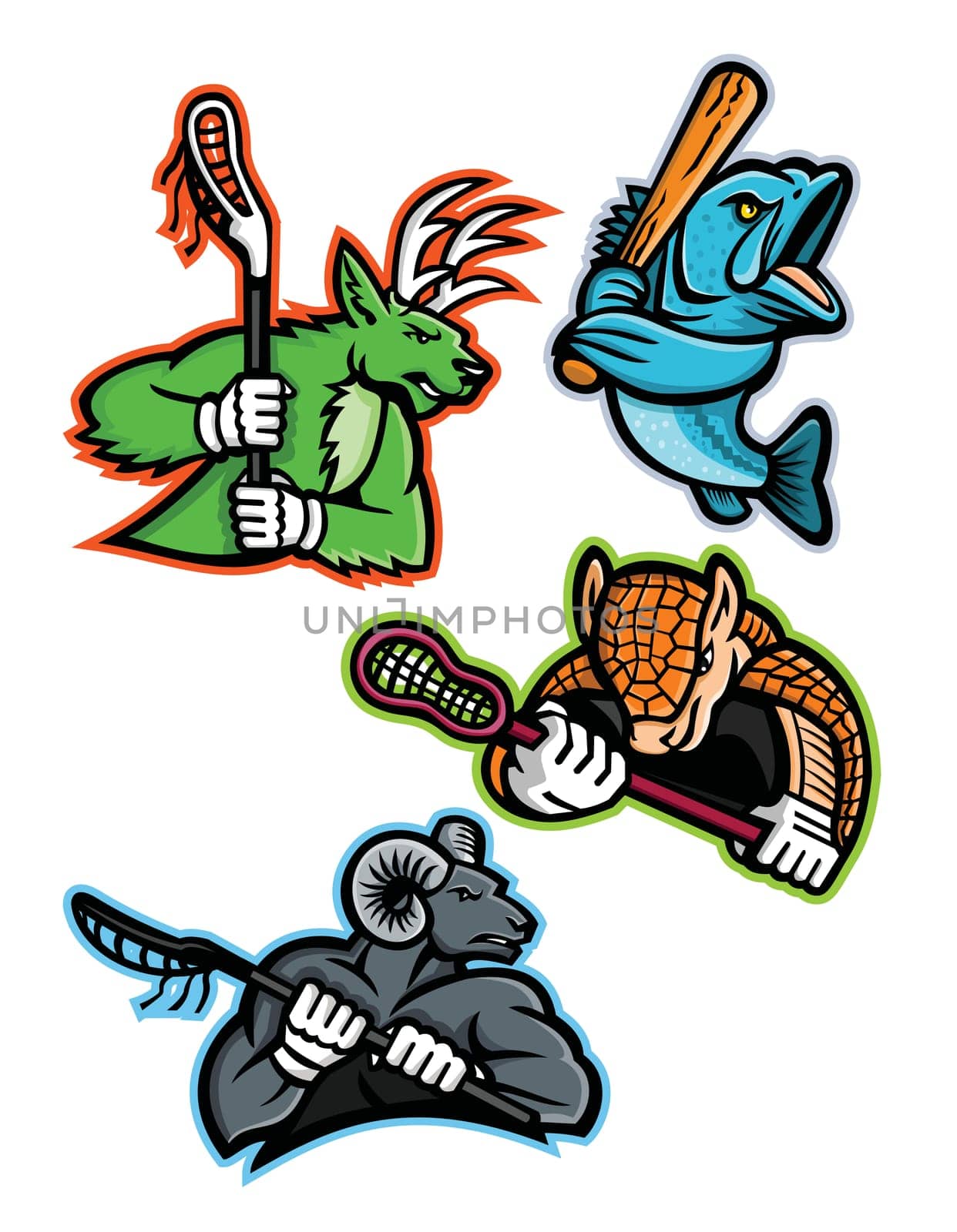 Mascot icon illustration set of  lacrosse and baseball sporting sports team mascots like  a stag deer, armadillo and bighorn ram, mountain goat lacrosse players and a largemouth bass baseball player on isolated background in retro style.