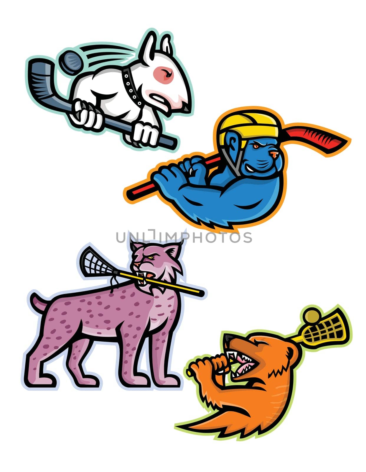 Mascot icon illustration set of  lacrosse and ice hockey sporting sports team mascots like an bull terrier and American bully dog ice hockey player, lynx or bobcat and mongoose lacrosse isolated background in retro style.