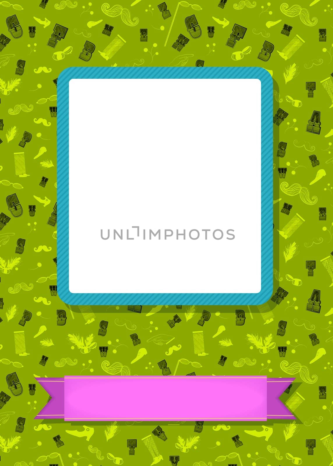 Retro greeting card. Vintage black and yellow items - boots, mustaches, eyeglasses, letters and other. Blue frame for custom photo. Pink banner for custom text. Green background