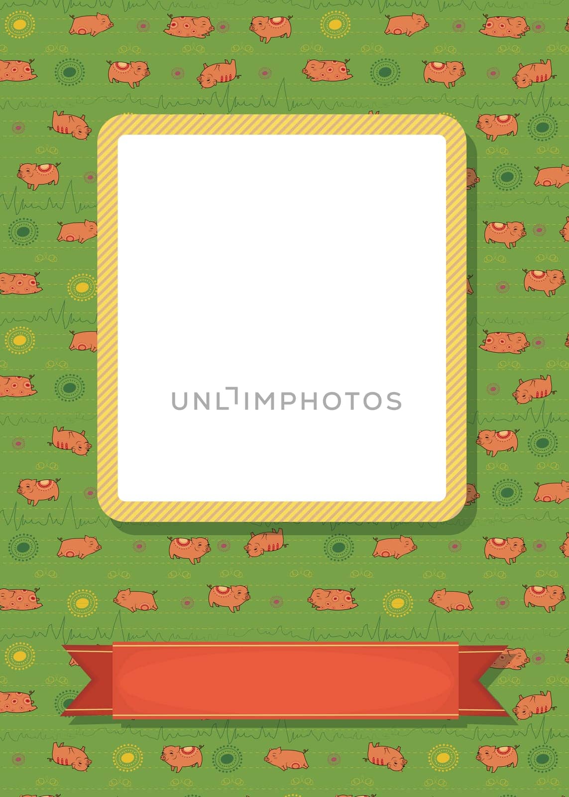Funny greeting card. Cartoon red pigs with yellow decor. Yellow frame for custom photo. Red banner for custom text. Green background