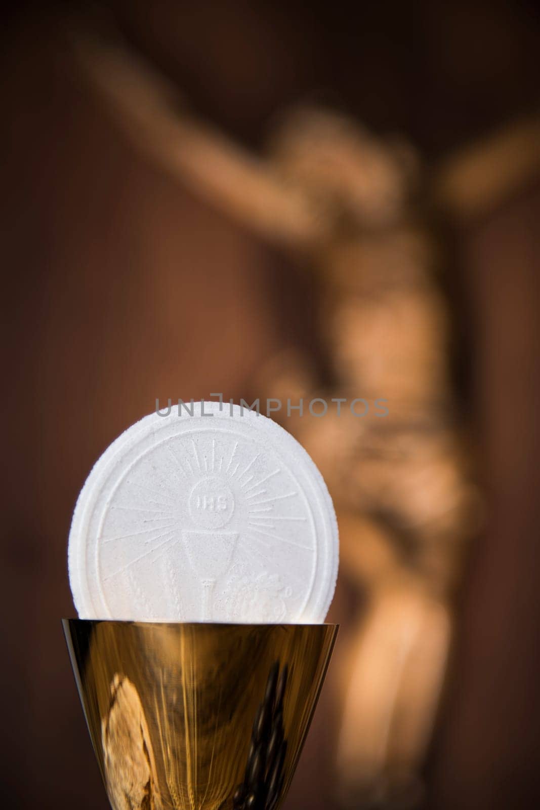 Eucharist symbol of bread and wine, chalice and host, First communion background