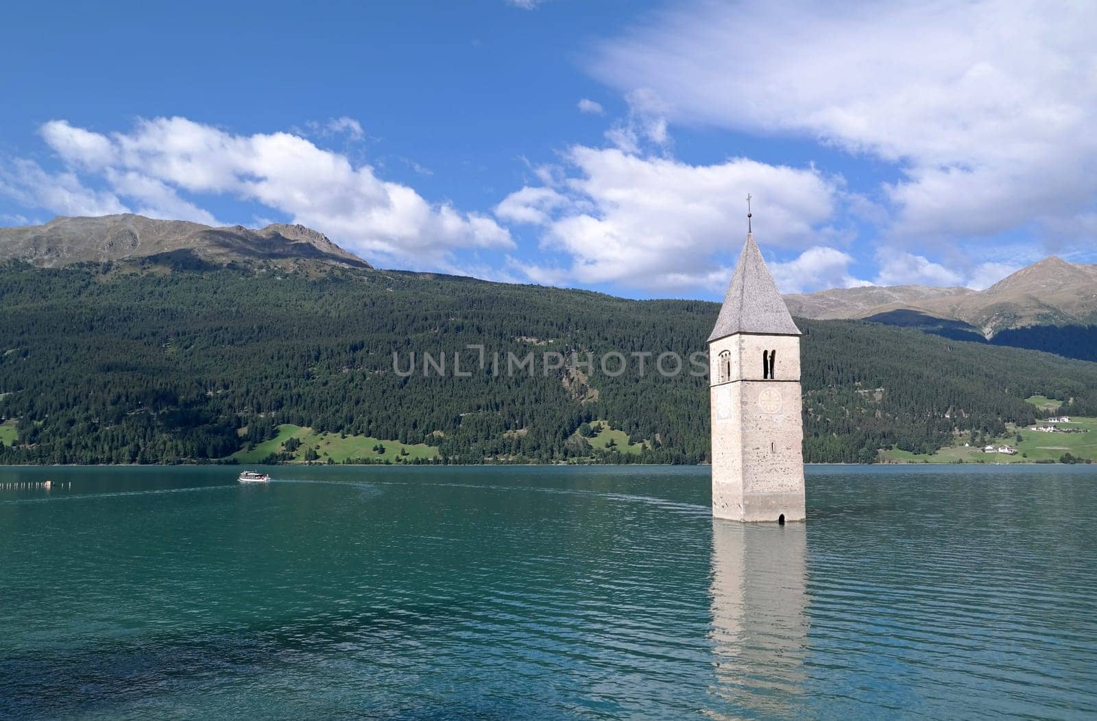 Reschensee with church on the Reschen Pass in the Alps