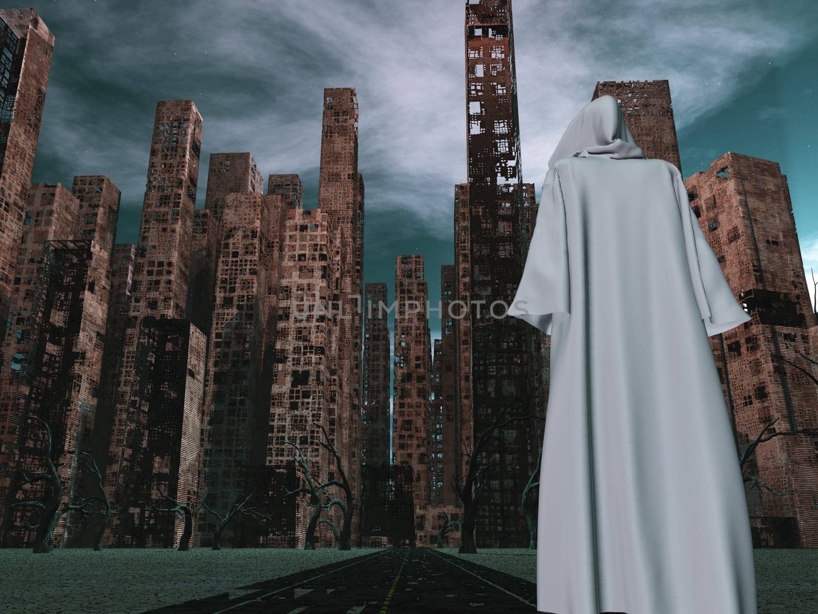Pilgrim in white cloack before the destroyed city