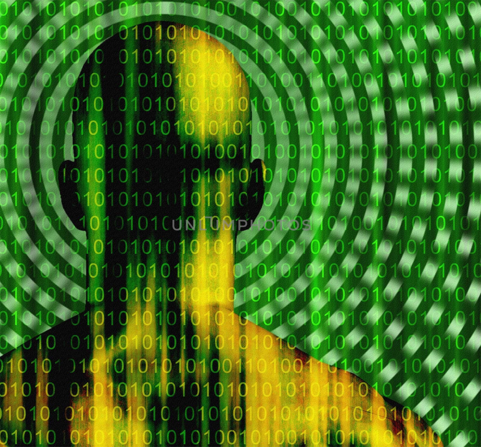 Surreal digital art. Well built man with binary code on a skin.