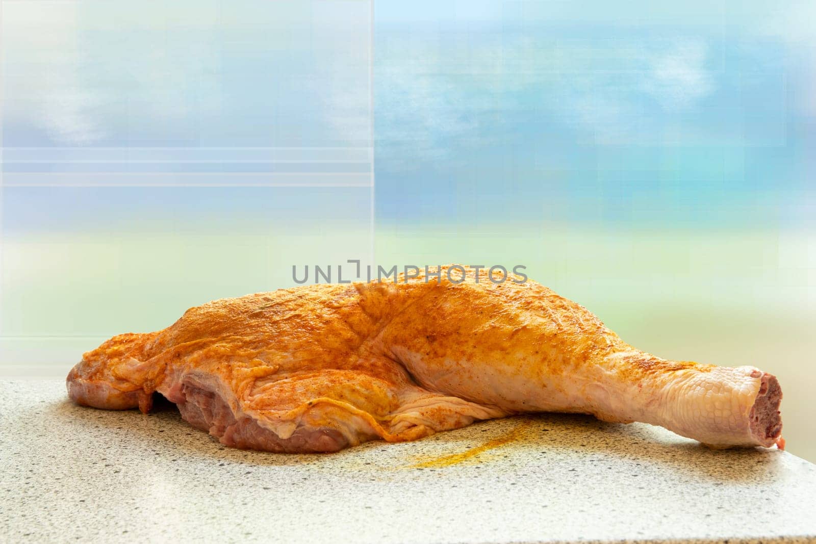Raw turkey leg or drumstick with spice on table over bright backround. Preparation before cooking. Concept food.