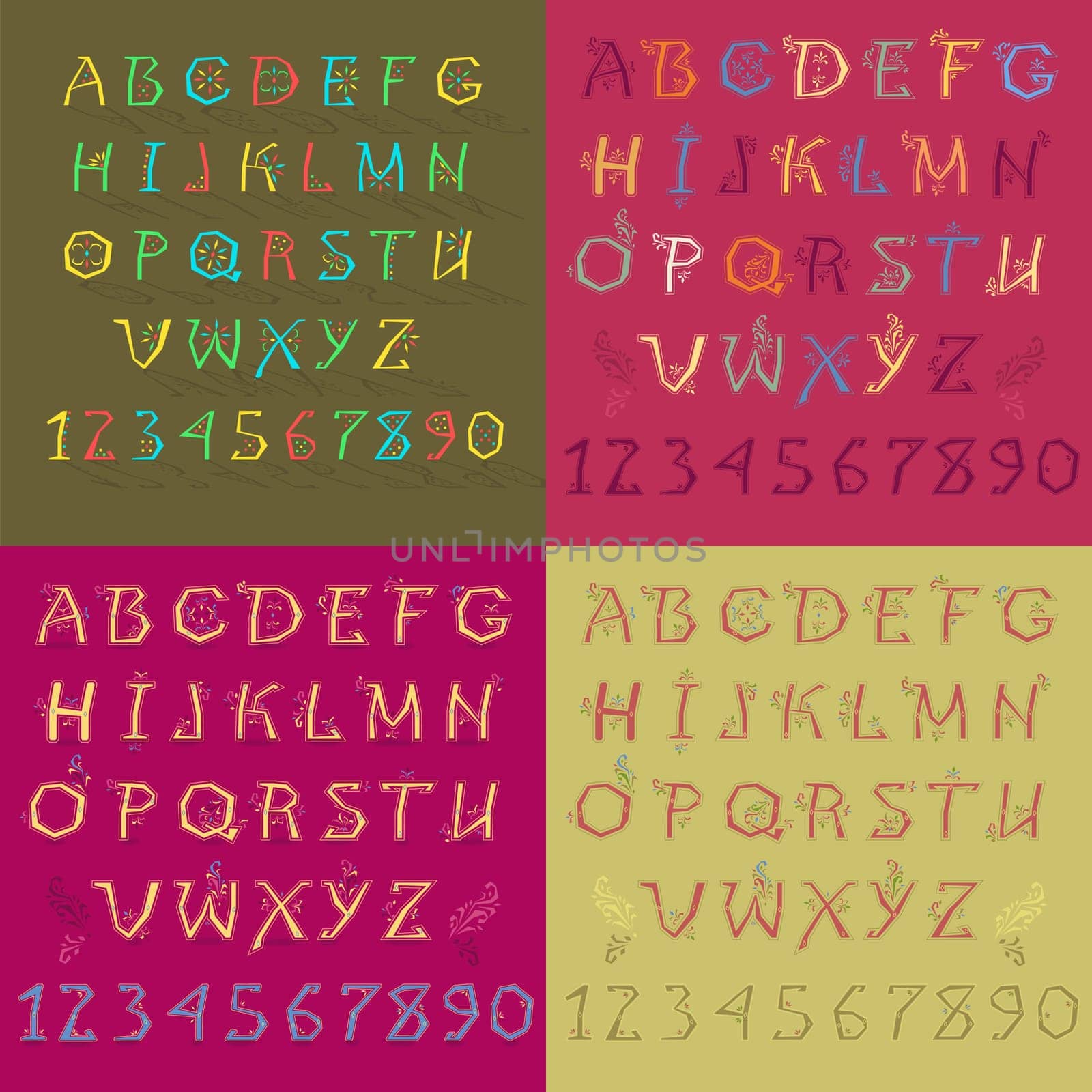 Set of Letters and Numbers. Colorful Alphabets with Floral Geometric Decor. Illustration