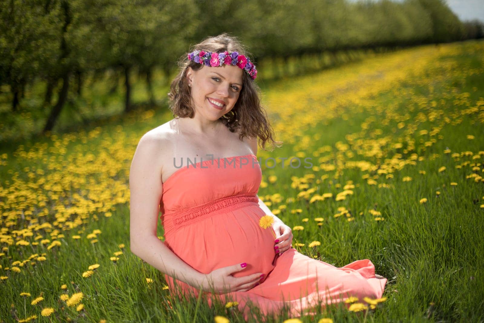 Meadow, Young beautiful pregnant woman