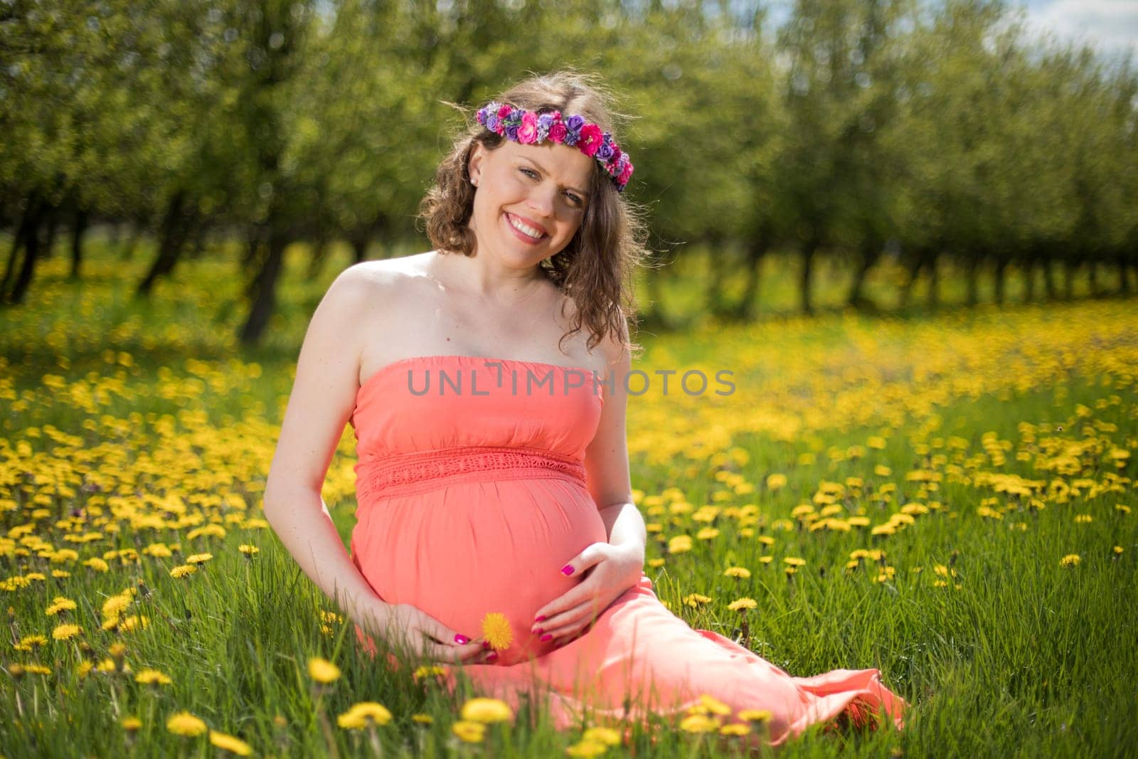Meadow, Spring, Young beautiful pregnant woman