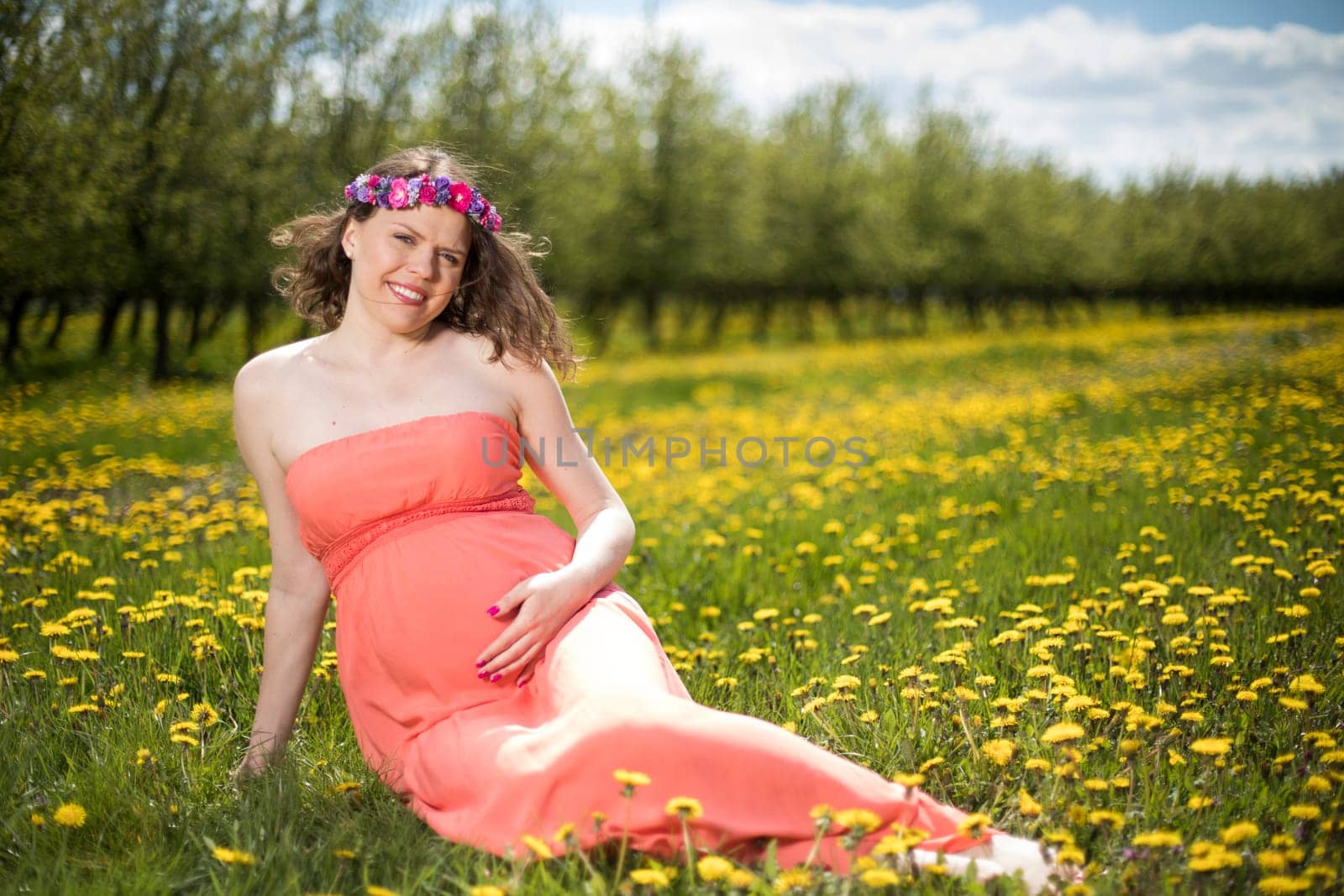 Meadow, Young beautiful pregnant woman