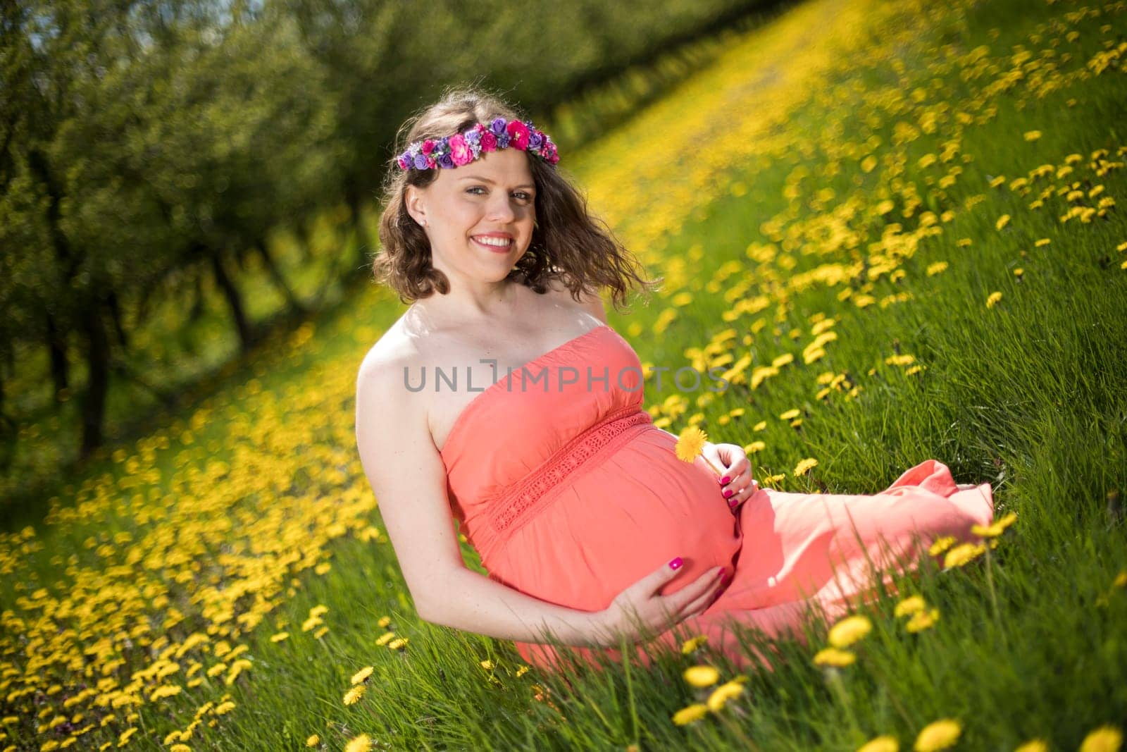 Meadow, Spring, Young beautiful pregnant woman