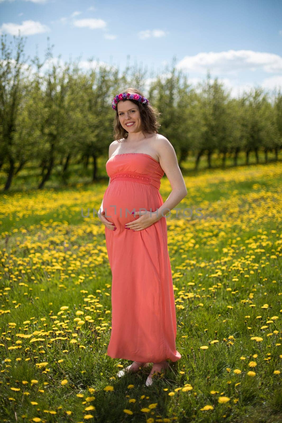 Meadow, Spring, Young beautiful pregnant woman