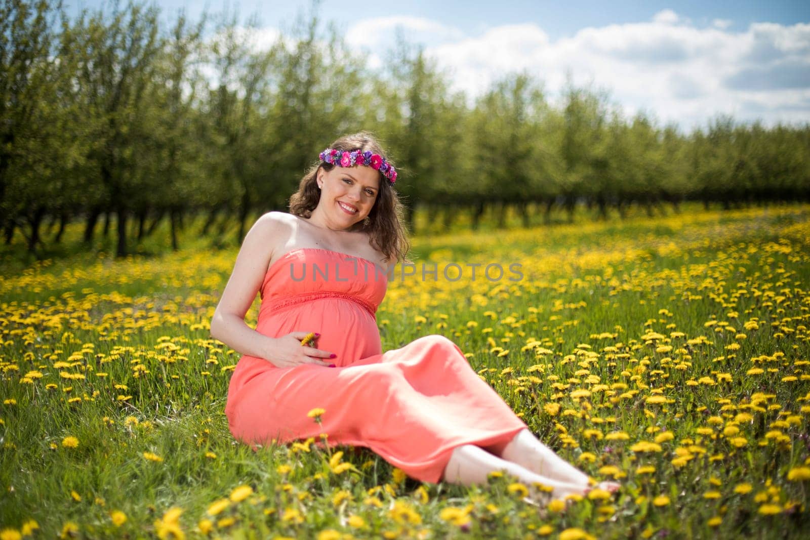 Meadow, Young beautiful pregnant woman