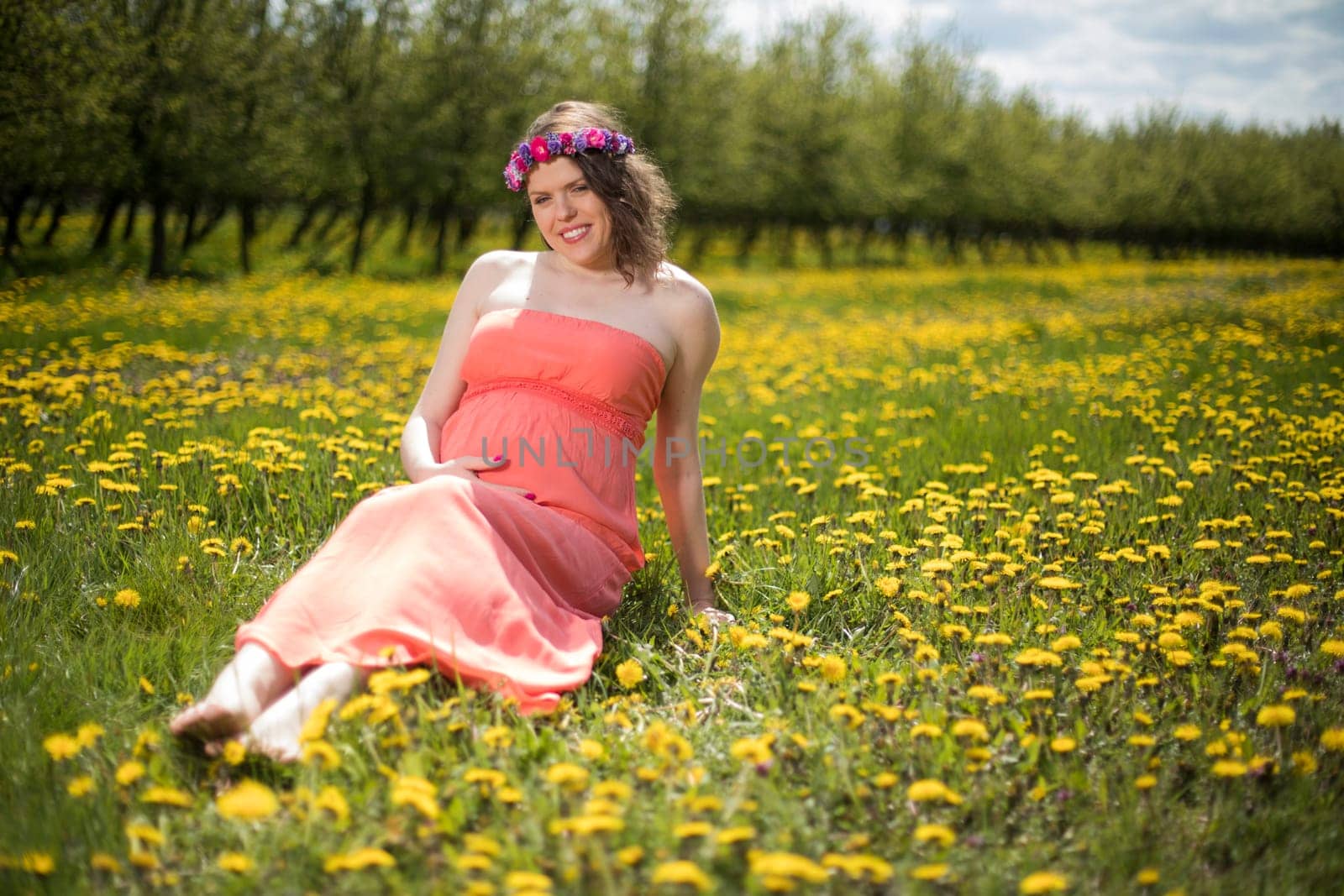 Meadow, Young beautiful pregnant woman