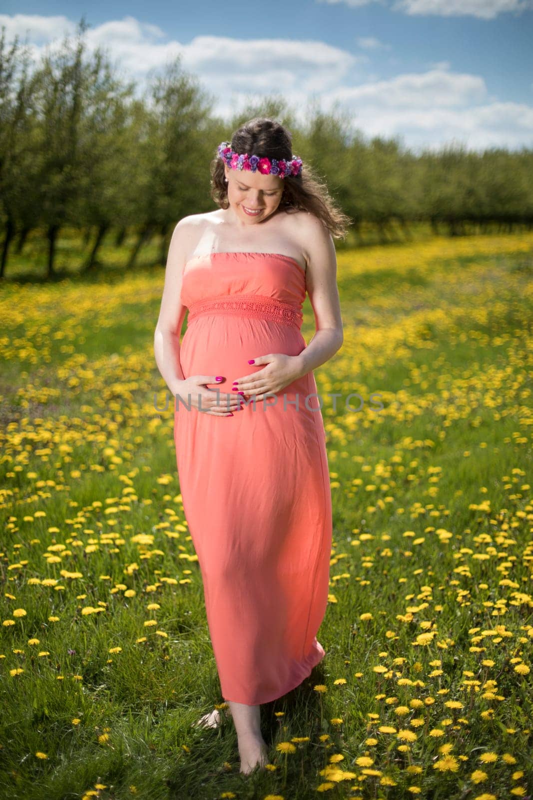 Meadow, Spring, Young beautiful pregnant woman
