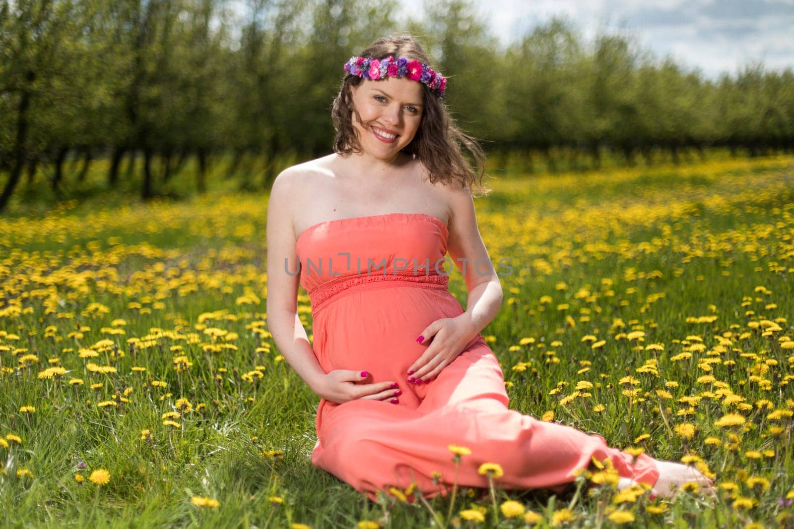 Meadow, Young beautiful pregnant woman