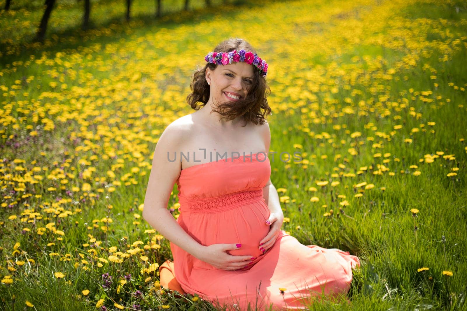 Meadow, Young beautiful pregnant woman