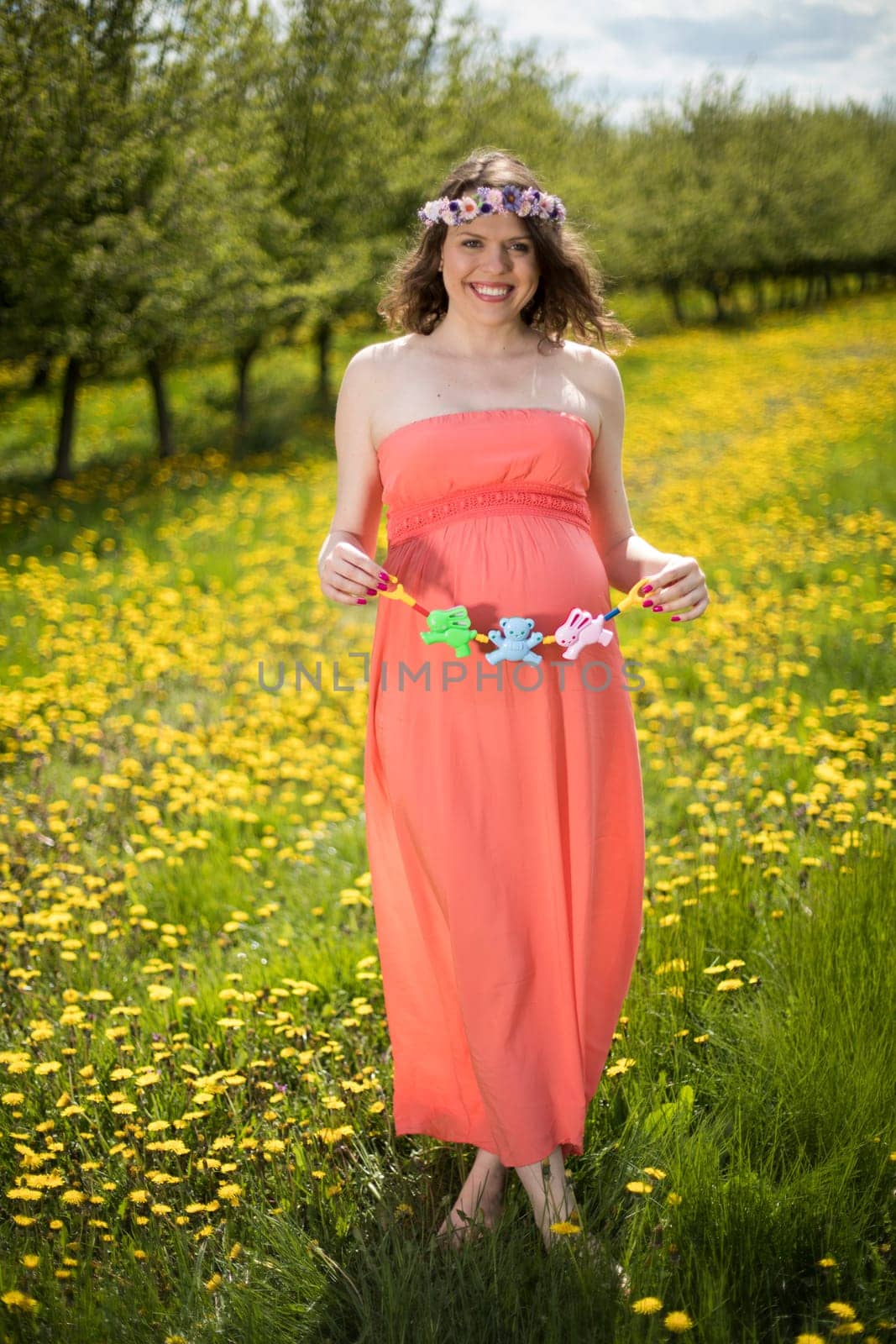 Meadow, Spring, Young beautiful pregnant woman