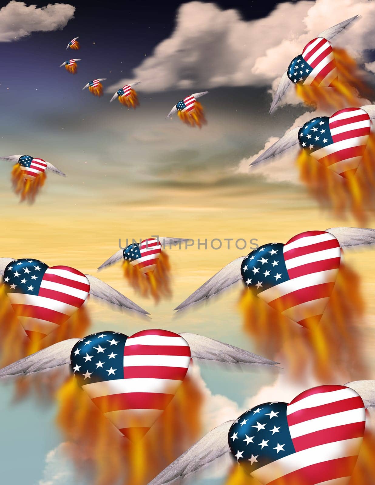 Winged flaming hearts in USA national colors fly into the sky
