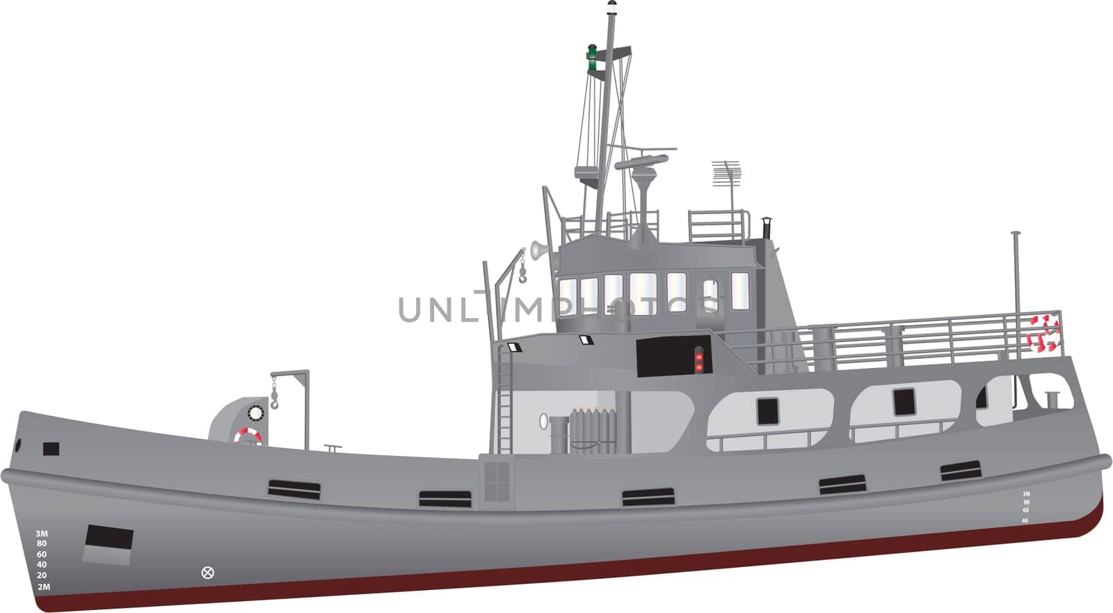 A detailed illustration of a Navy Support Ship equipped for diving and salvage with grey livery and red oxide boot topping and an array of radar navigation equipment and recovery cranes isolated